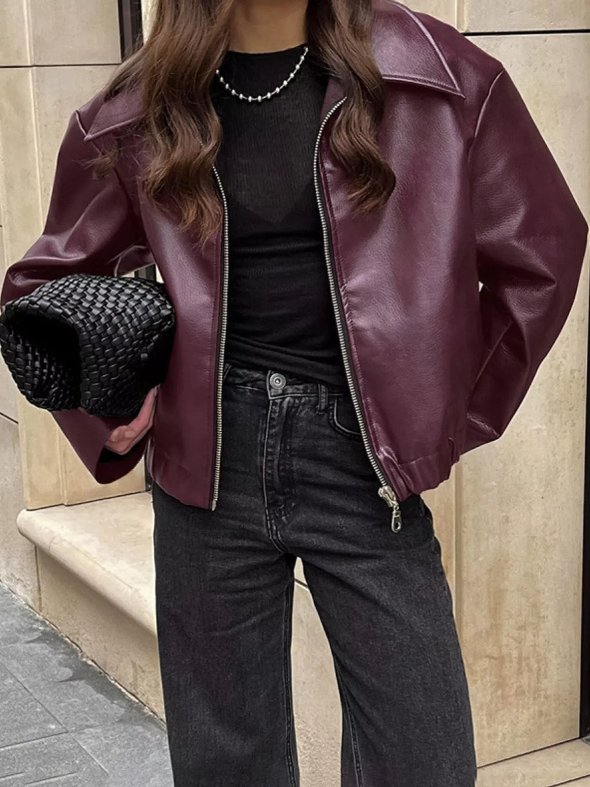 Vintage Faux Leather Zip-Up Jacket — front view