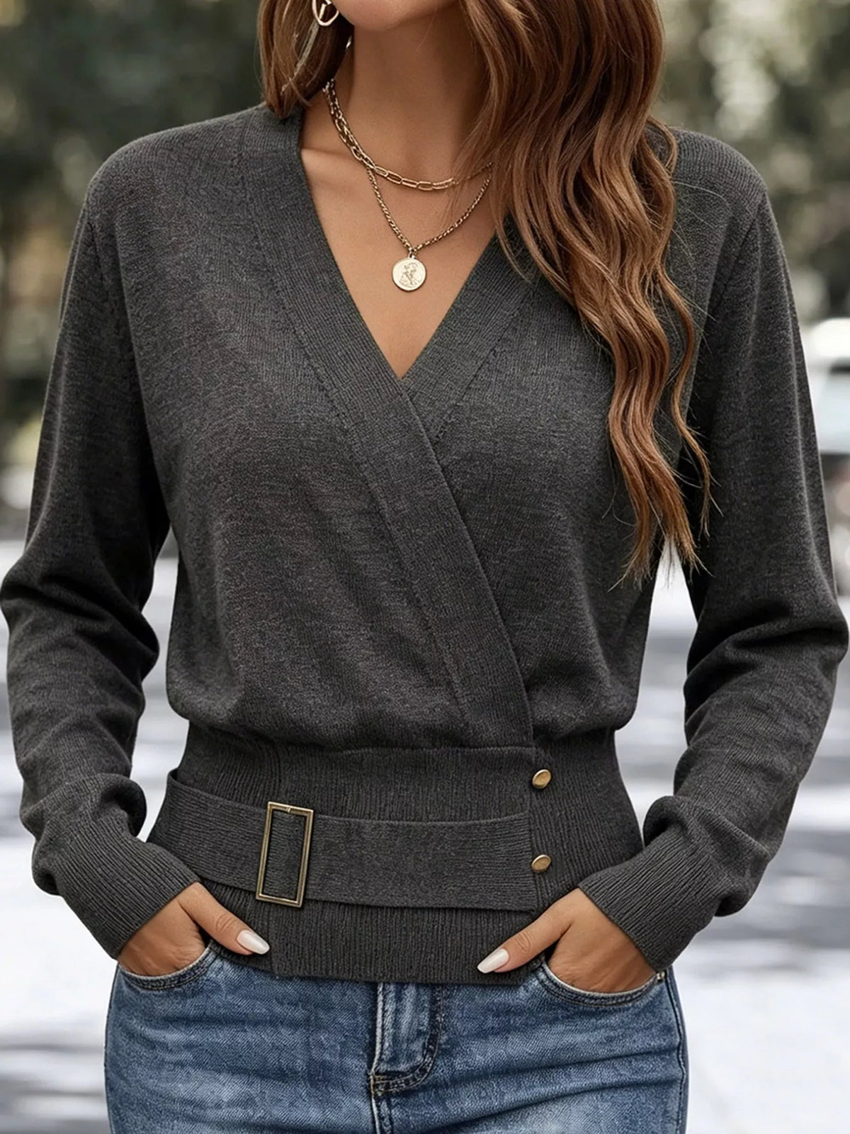 Surplice knit top, gray front