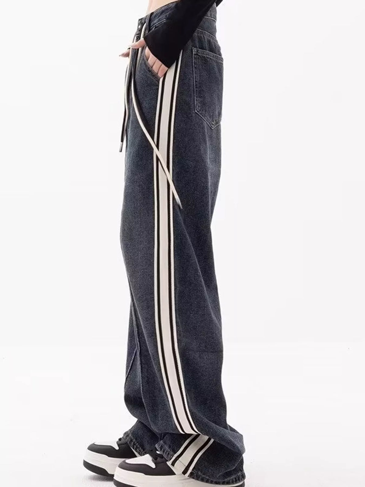 High-Waisted Wide-Leg Contrast Stripe Jeans, side view