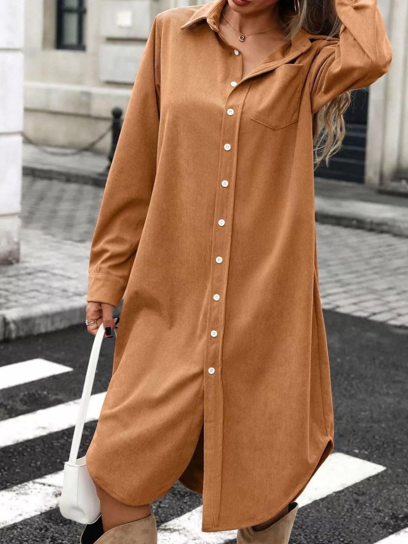 Trendsi Corduroy Shirt Dress with Button-Down Front -