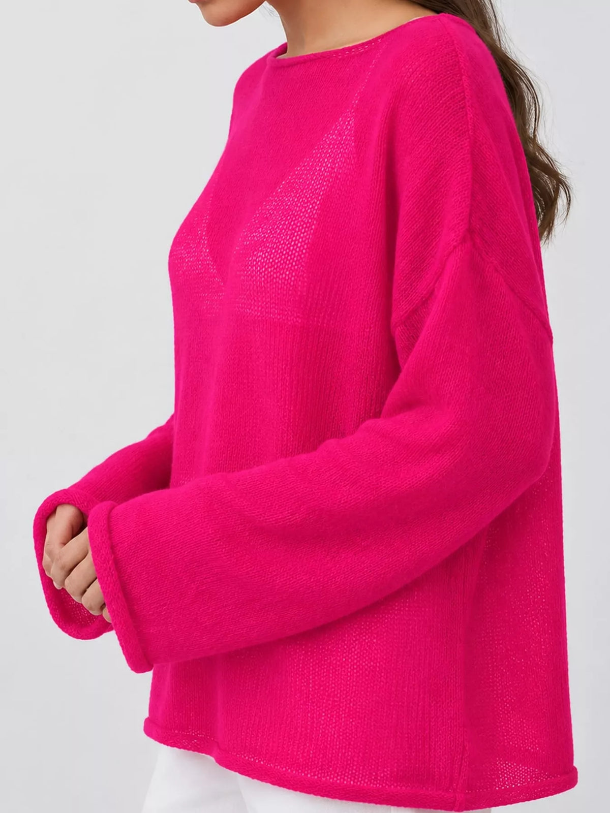Hot pink sheer openwork knit long sleeve top