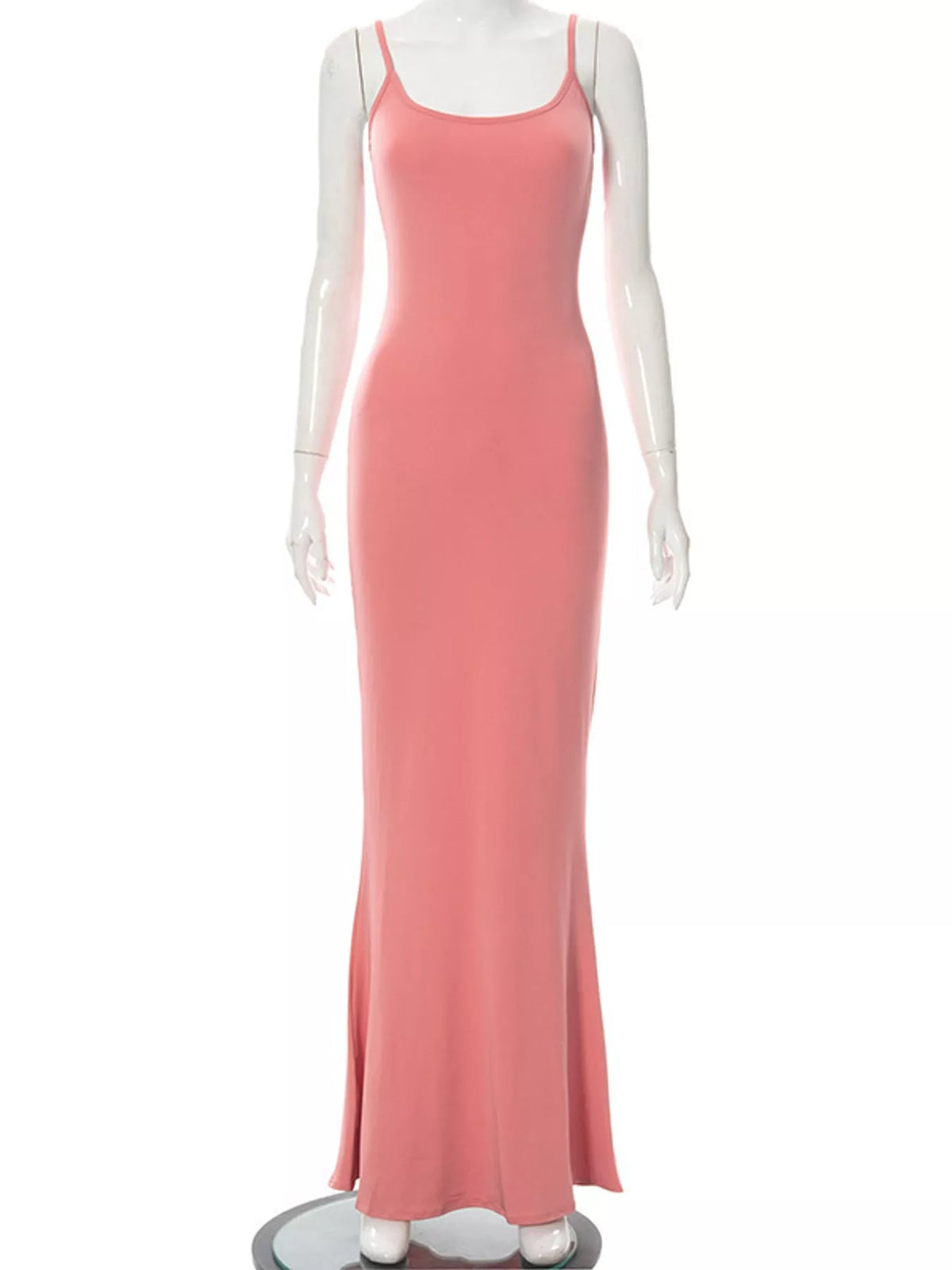 Pink bodycon spaghetti strap maxi dress, front view