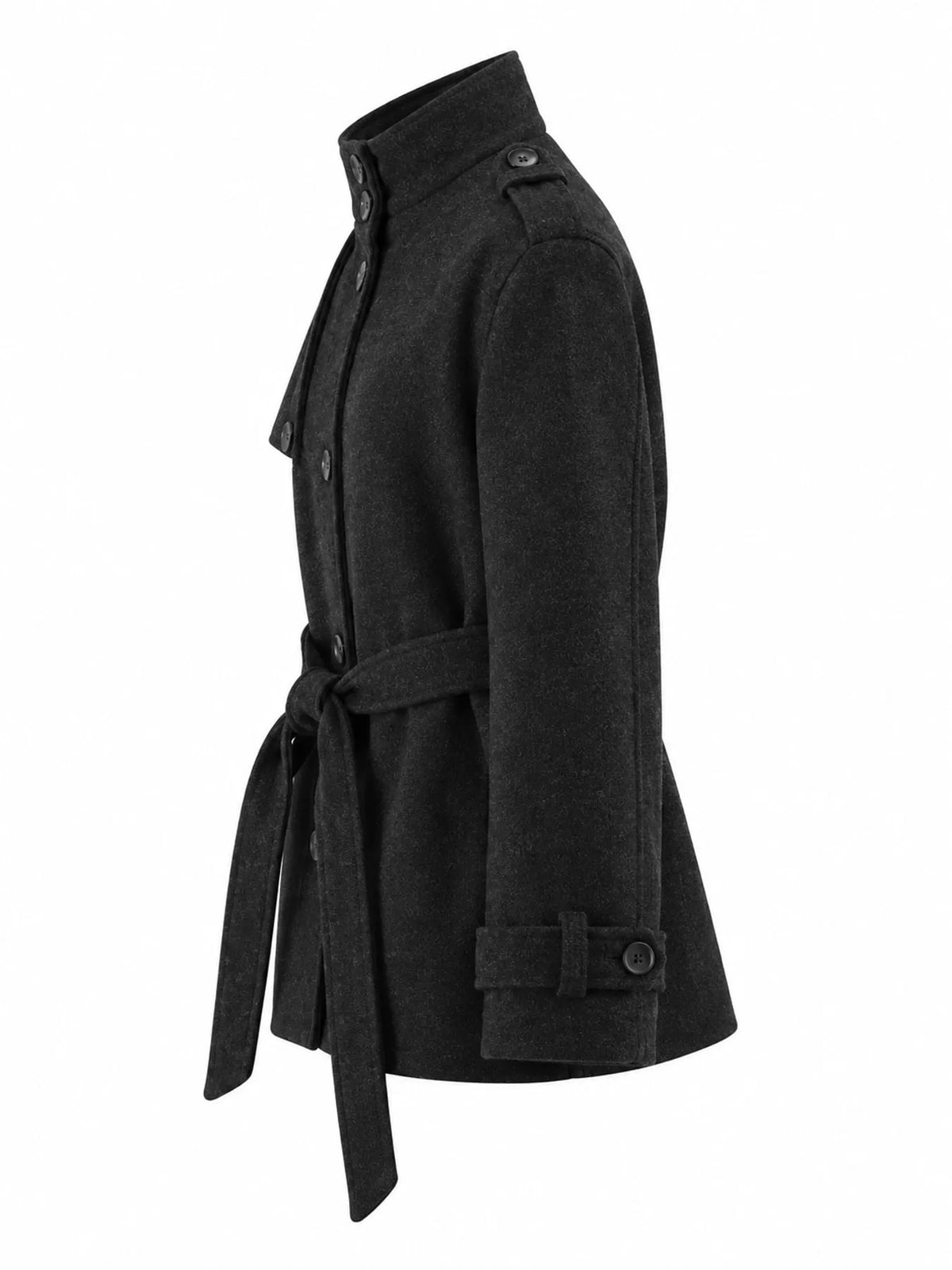 Stand-Collar Belted Button-Down Jacket — side view