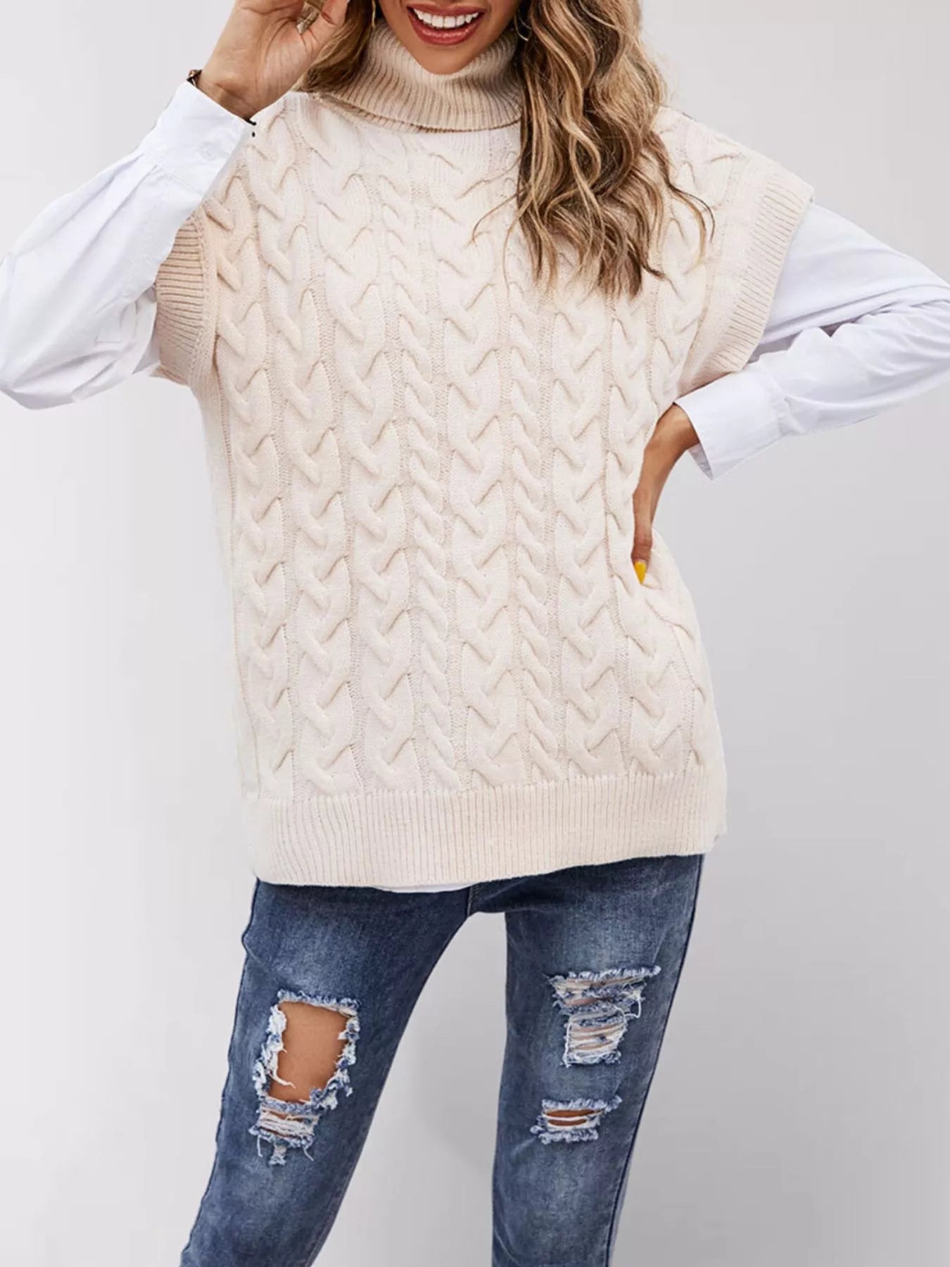 Trendsi Chunky Knit Turtleneck Cap Sleeve Sweater -