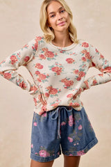 Trendsi BiBi Floral Print Washed Waffle Thermal Top With Thumb -