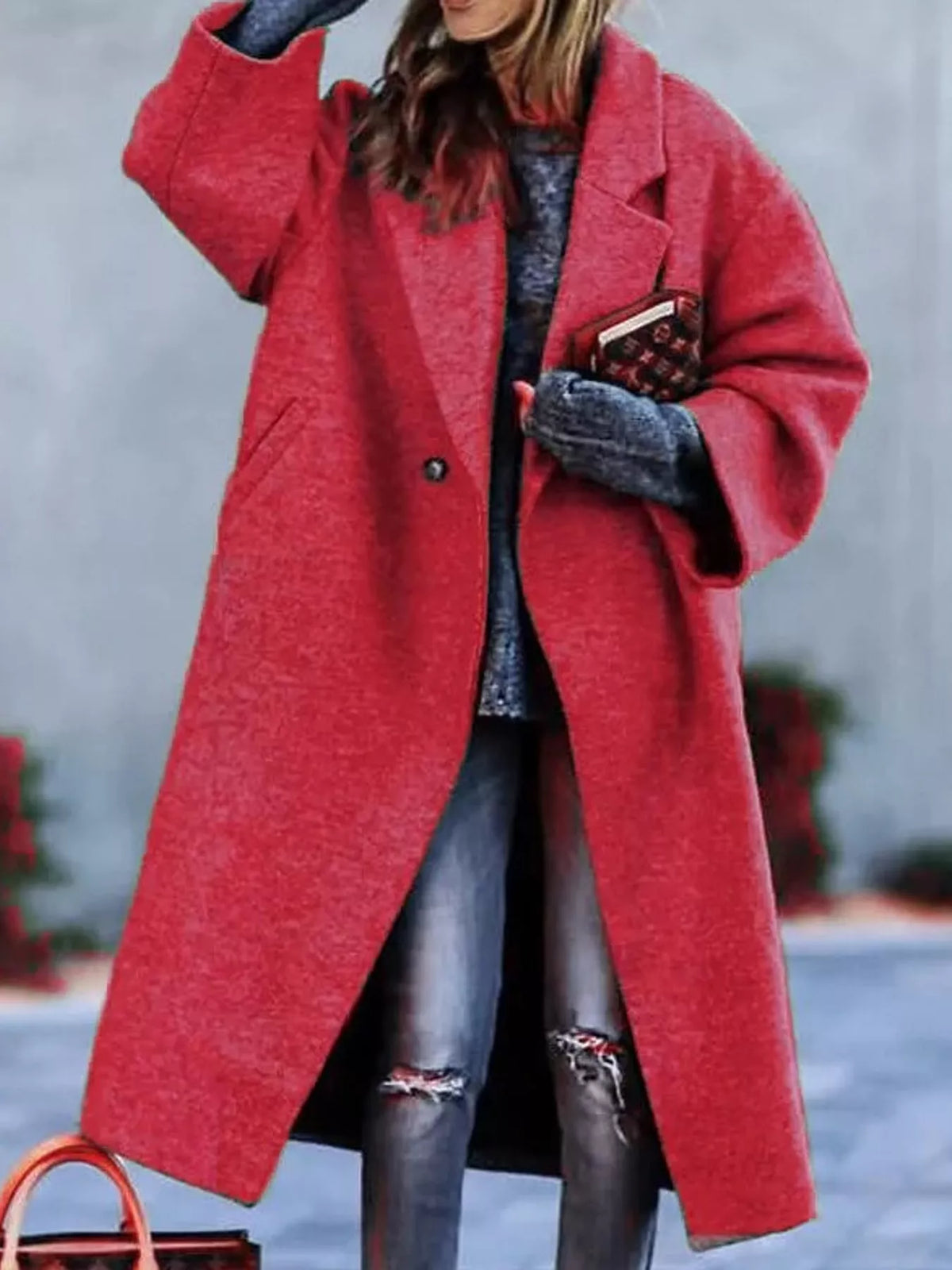 Red lapel collar one button coat
