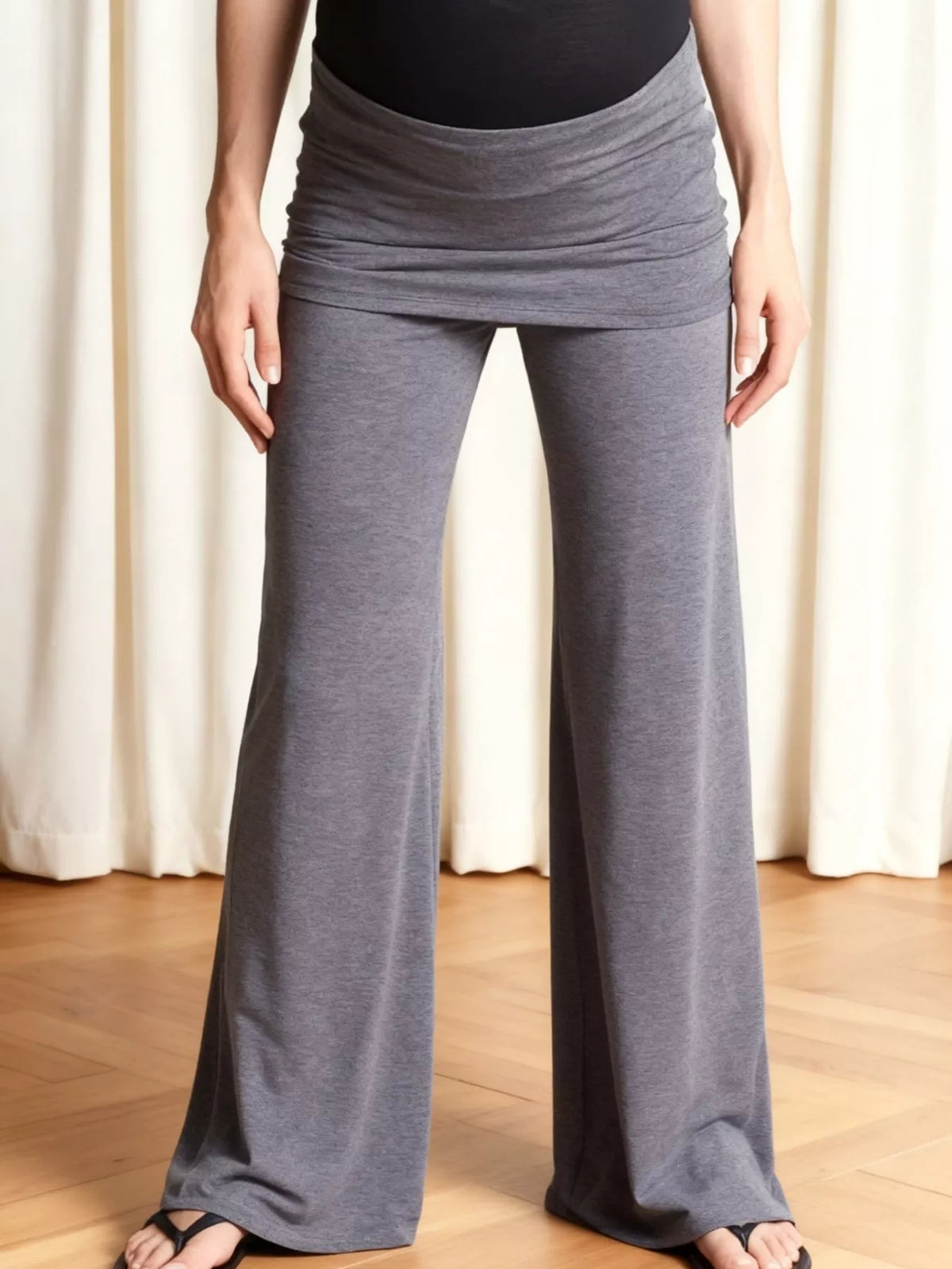 Gray fold-over wide-leg pants, front view
