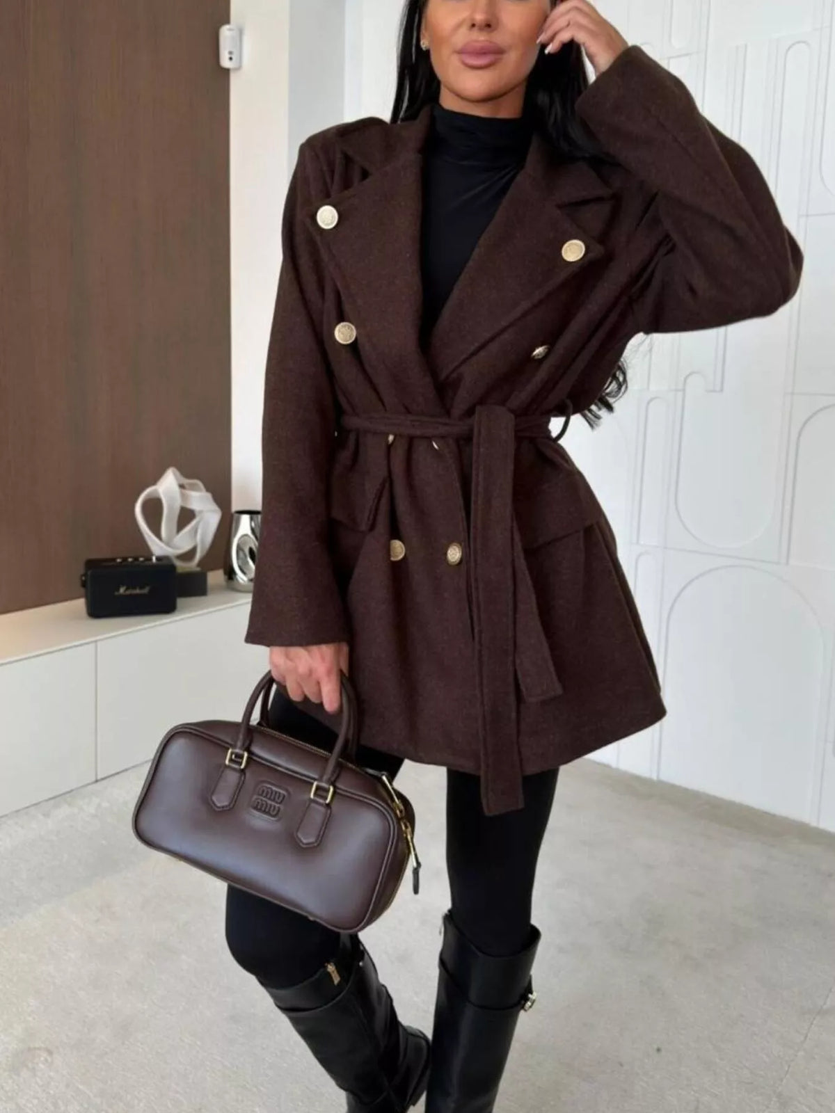 Black double-breasted belted wool-blend coat