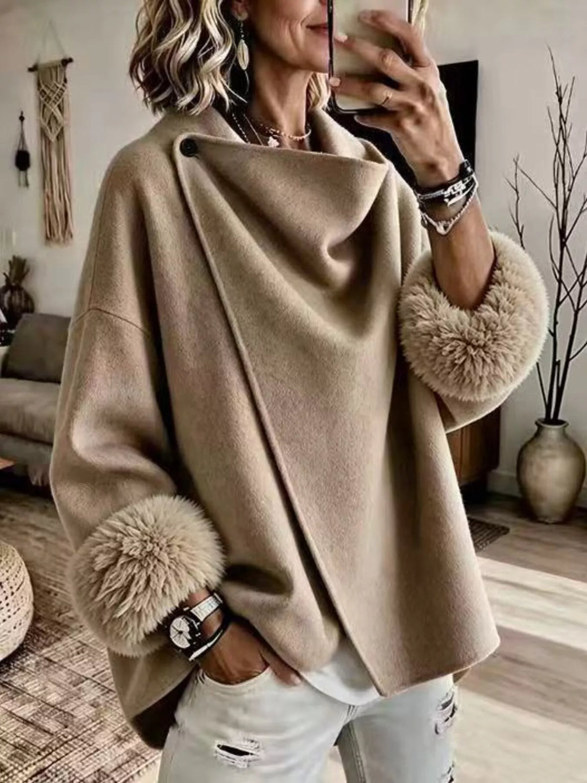 Asymmetric Buttoned Jacket with Faux Fur Cuffs, front view