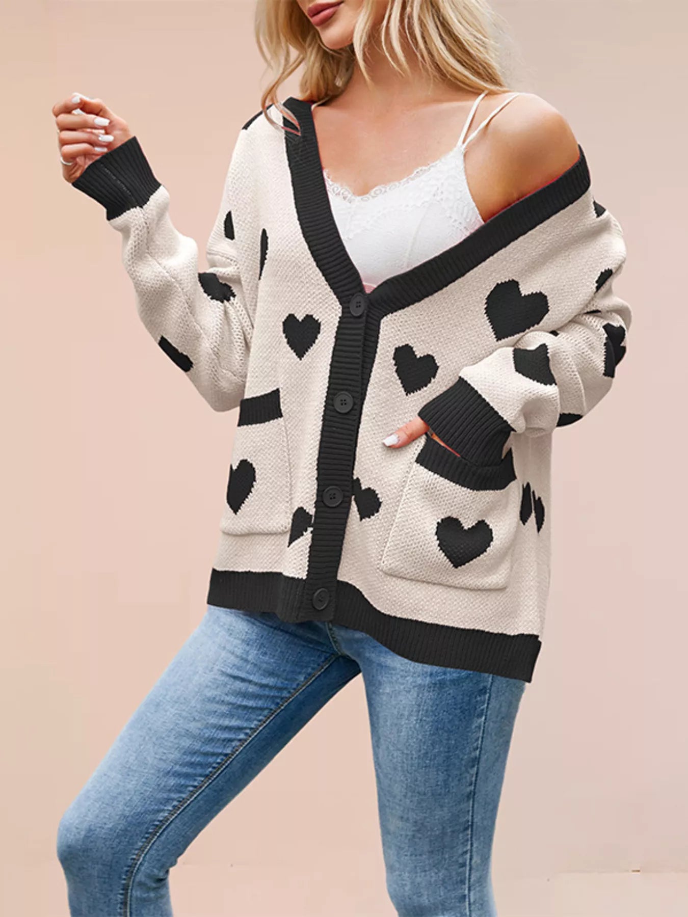 Trendsi Heart Pattern V-Neck Button-Down Knit Cardigan -