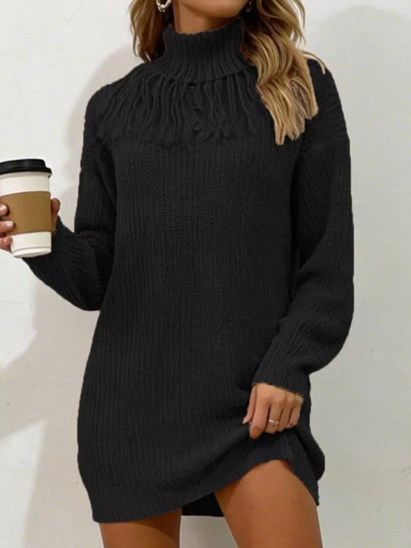Trendsi Full Size Turtleneck Fringe Detail Sweater Dress Plus Size -