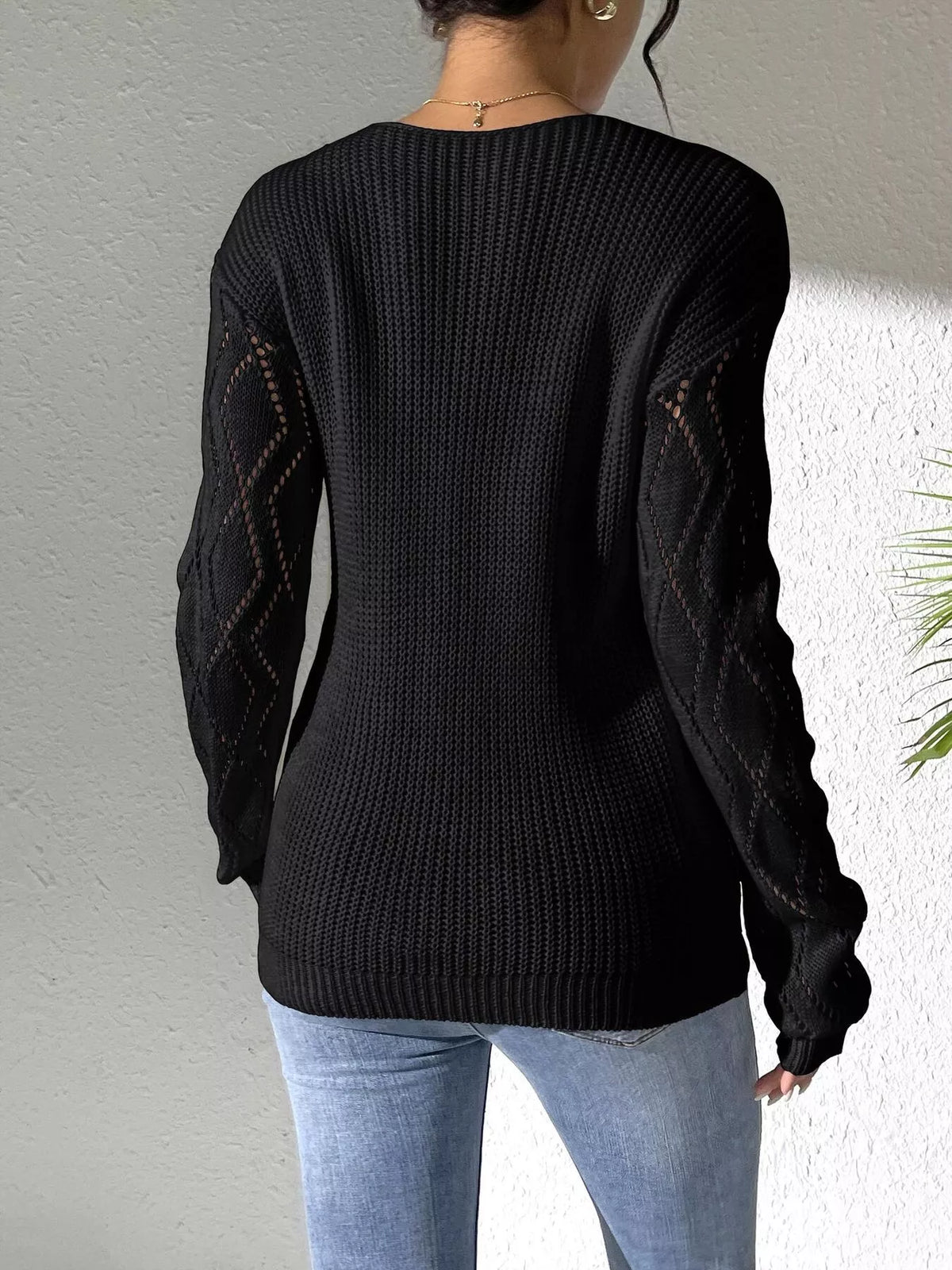 Black Floral Applique V-Neck Openwork Sweater back view