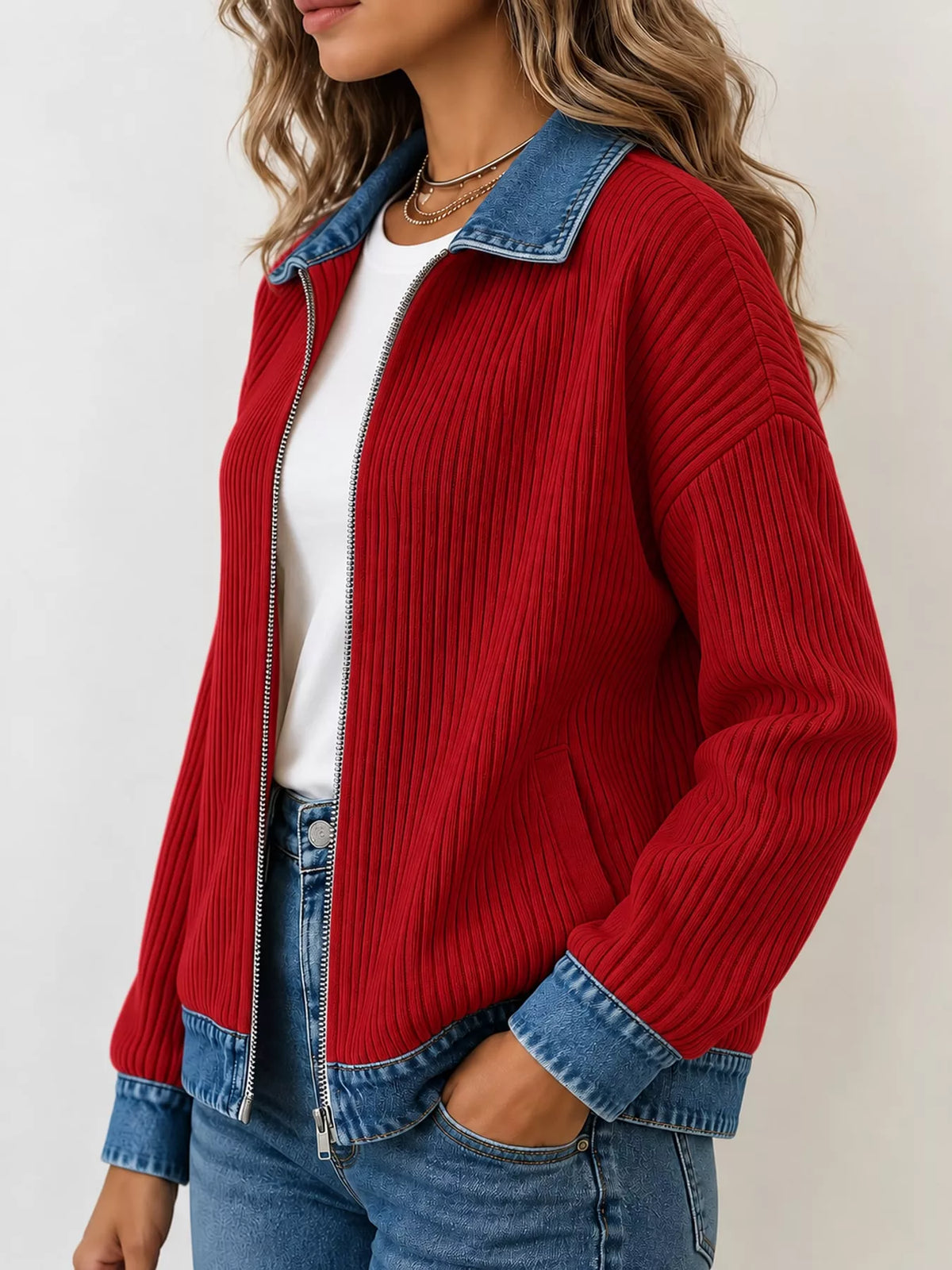 Red denim-collar ribbed knit zip-up jacket — side view