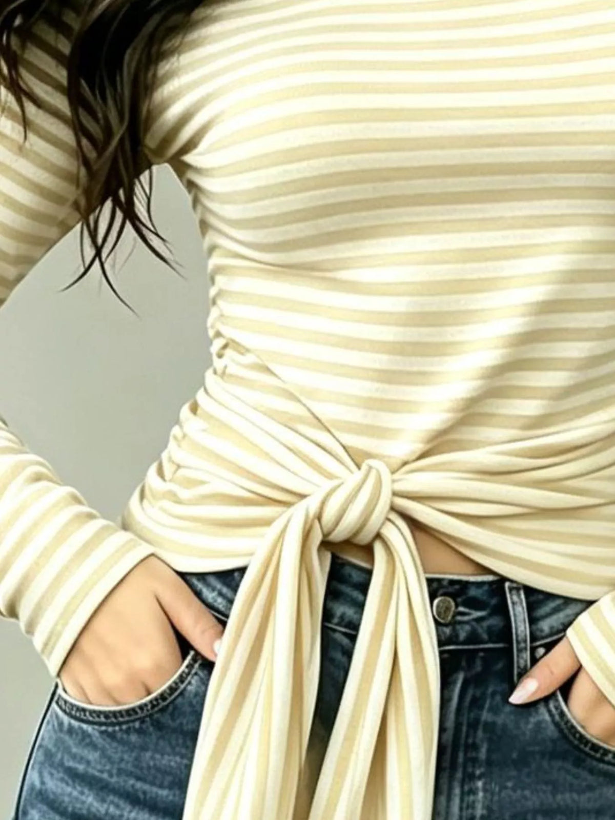 Long sleeve striped T-shirt with front tie