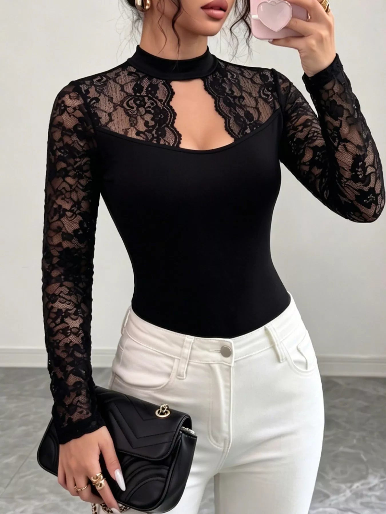 Trendsi Lace Trim Cutout Front Top -