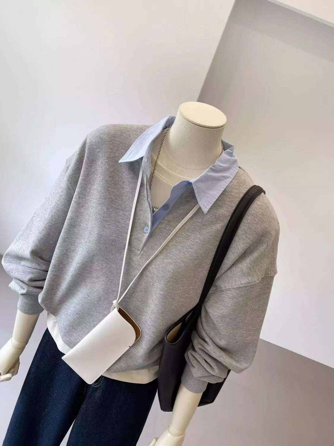Gray polo-collar layered-look sweatshirt