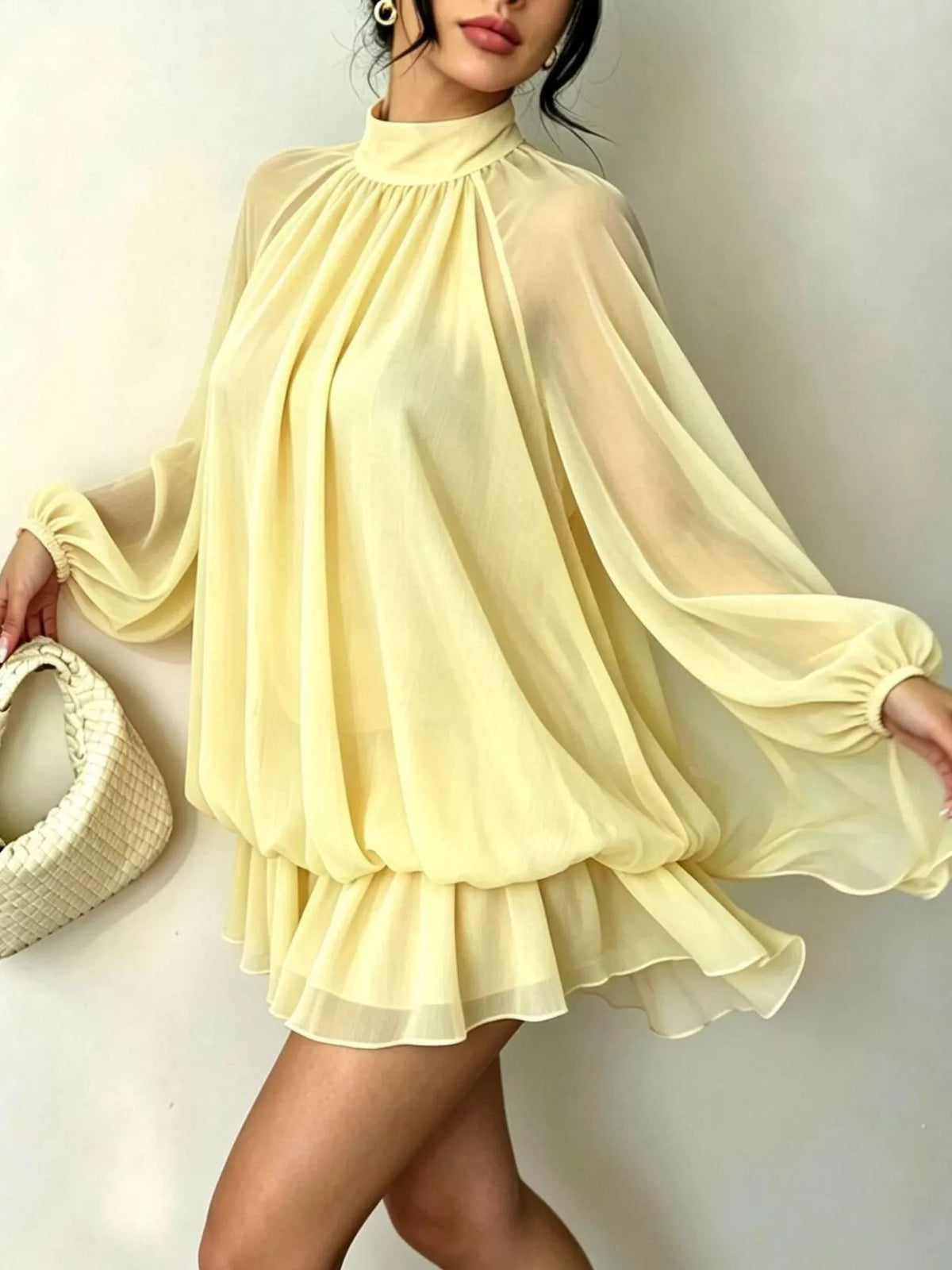 Yellow mock neck sheer chiffon mini dress