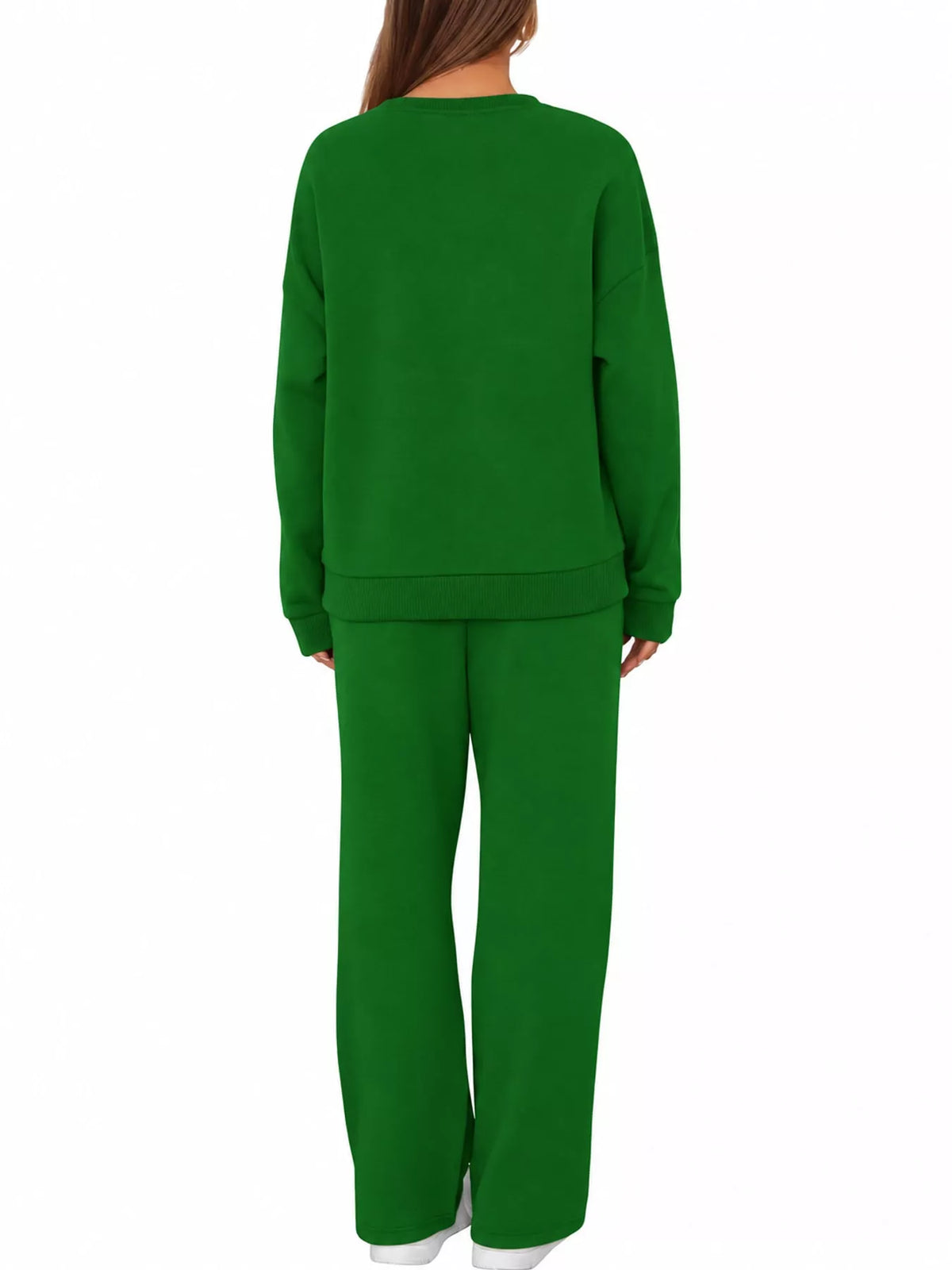 Crewneck Drop Shoulder Sweatshirt and Wide-Leg Pants Set — back view