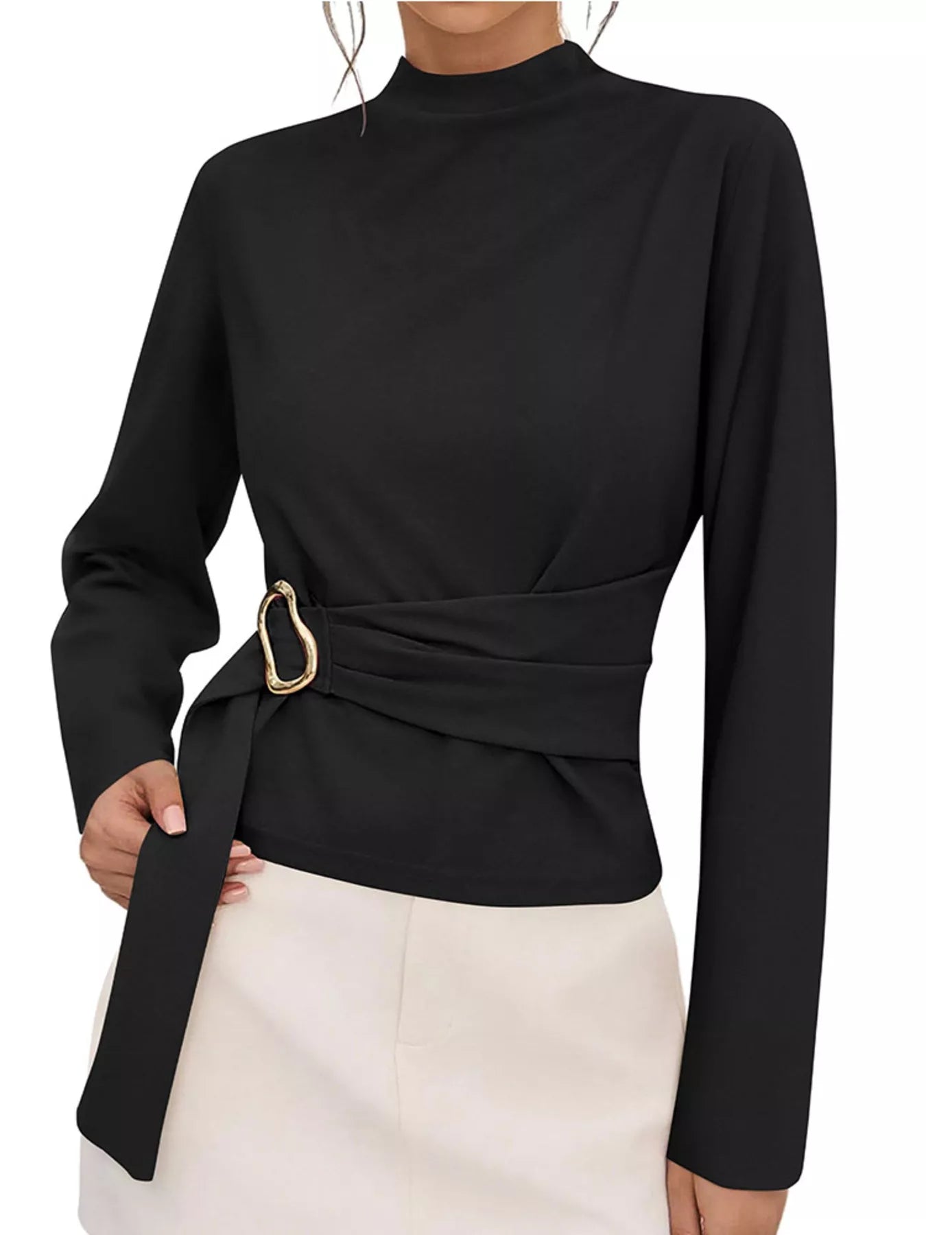 Trendsi Mock Neck Blouse with Waist-Defining Metal Buckle Detail -