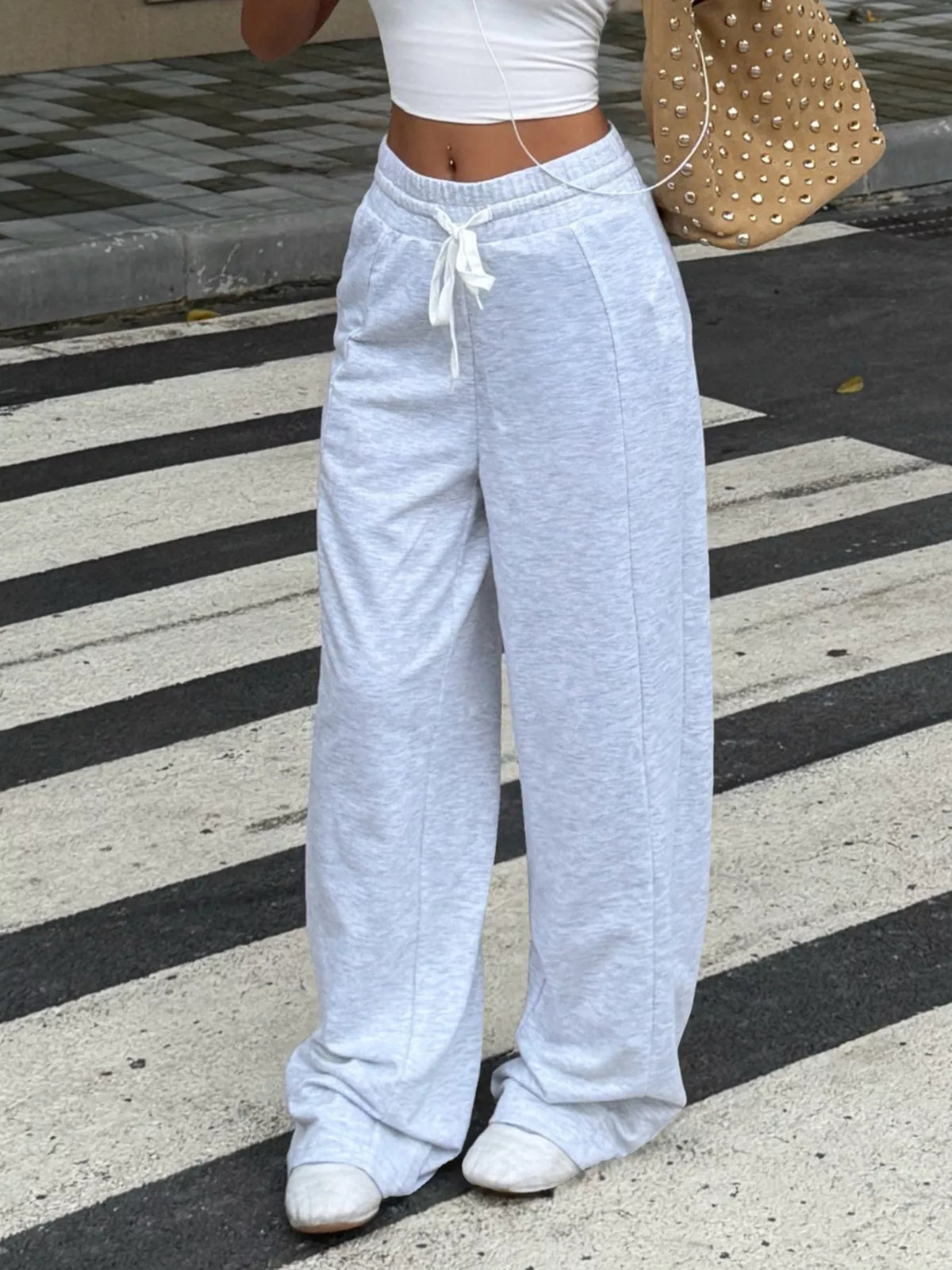 Drawstring Wide-Leg Pants in gray, front view