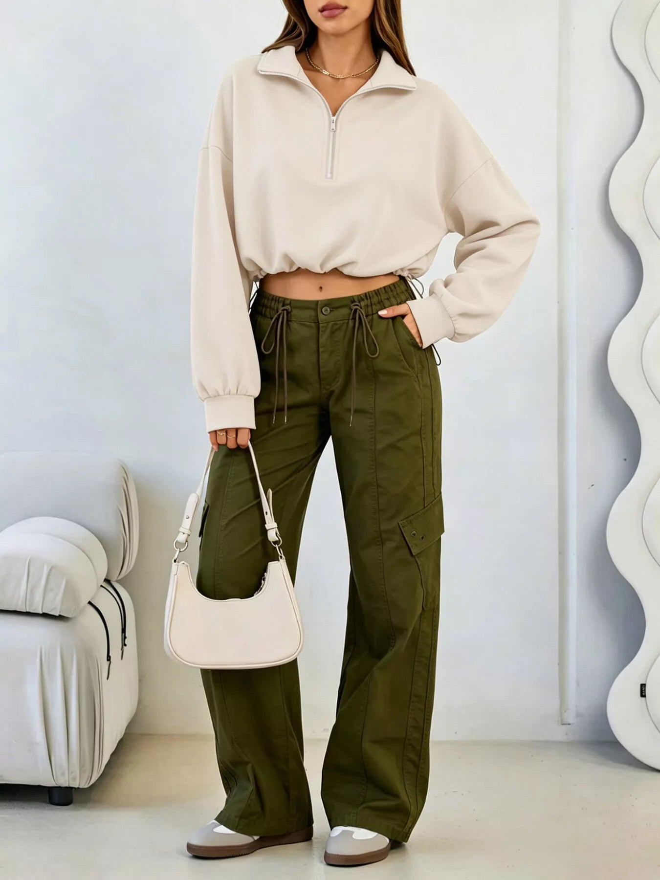 Trendsi Half Zip Drawstring Hem Sweatshirt -