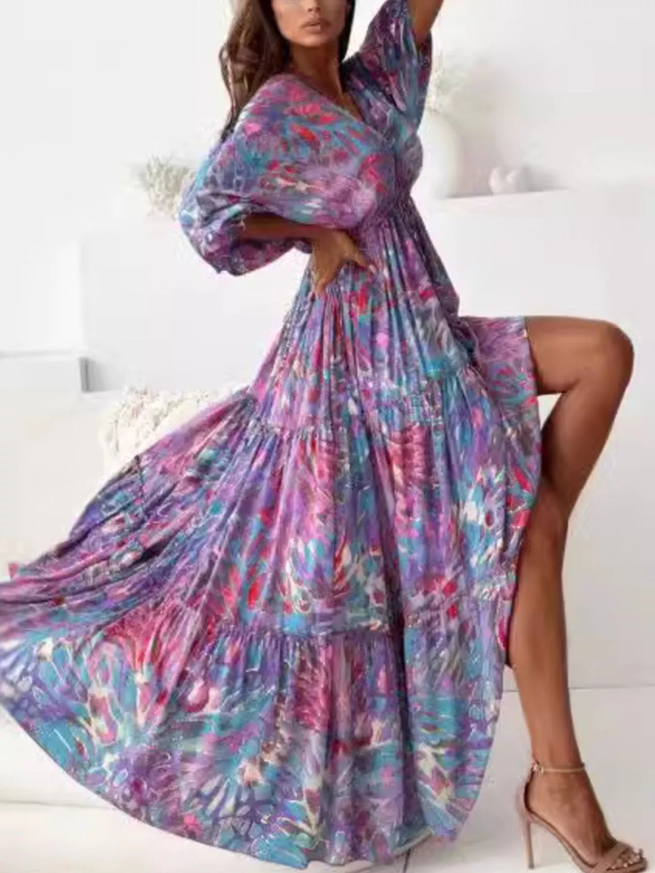 Trendsi Printed V-Neck Balloon Sleeve Slit Maxi Dress -