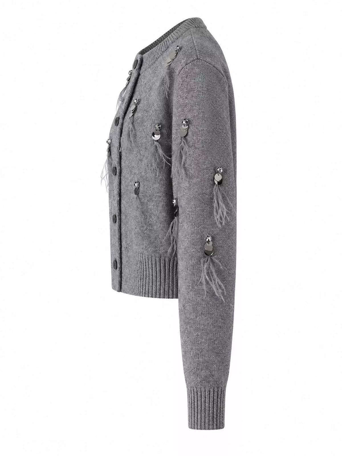 Sequin Feather-Embellished Knit Cardigan in gray