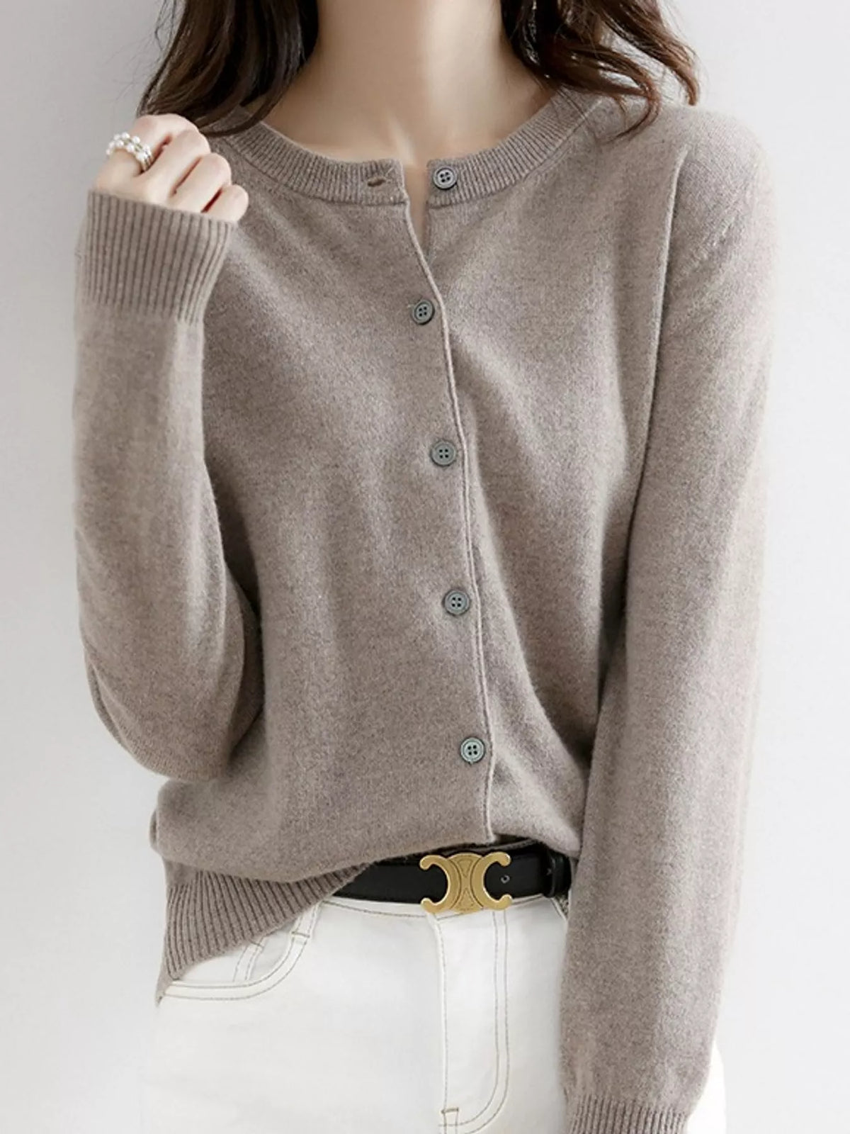 Button-down cardigan, taupe angled front