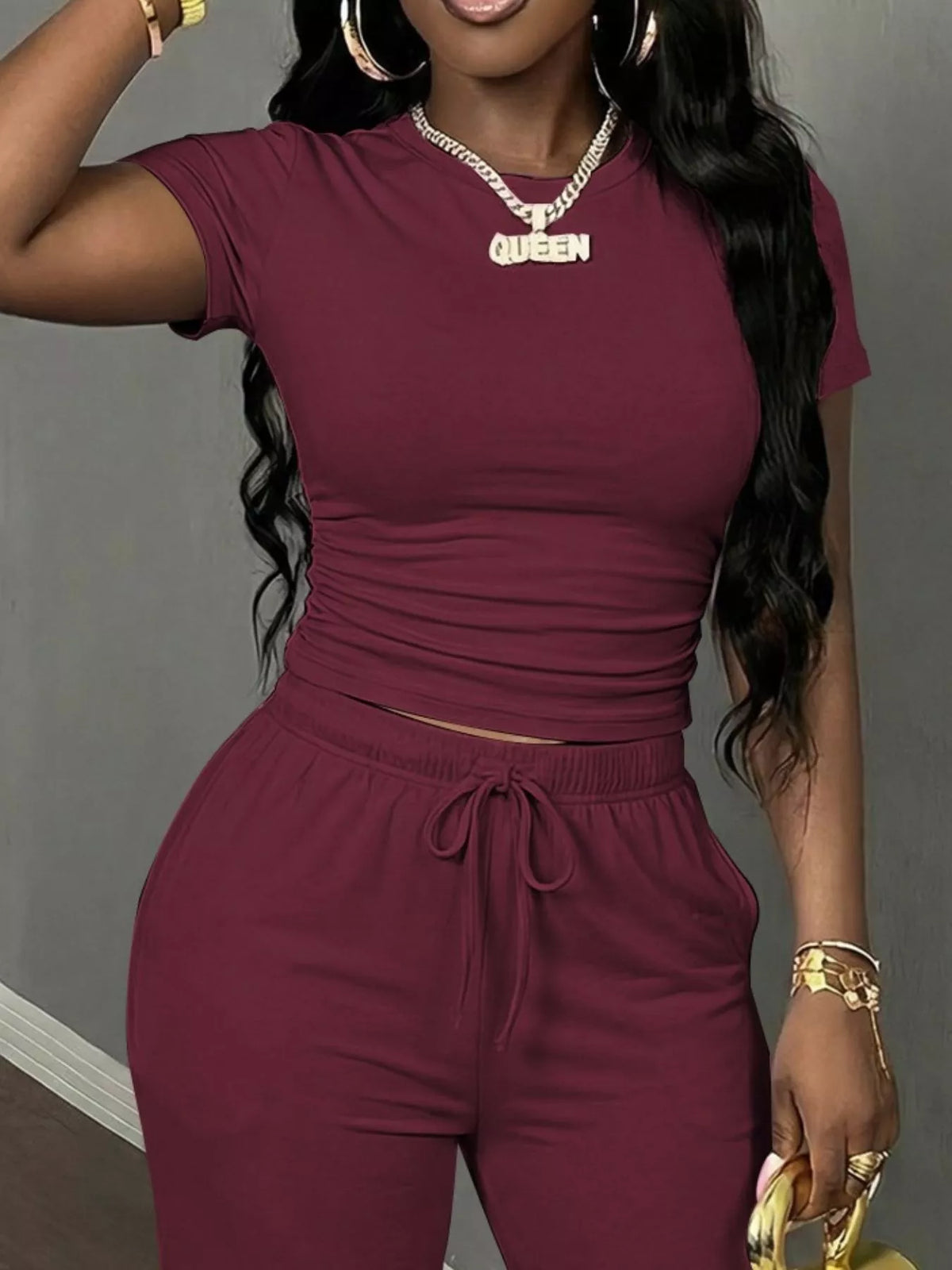 Burgundy Short Sleeve Top and Wide-Leg Pants Set, top detail