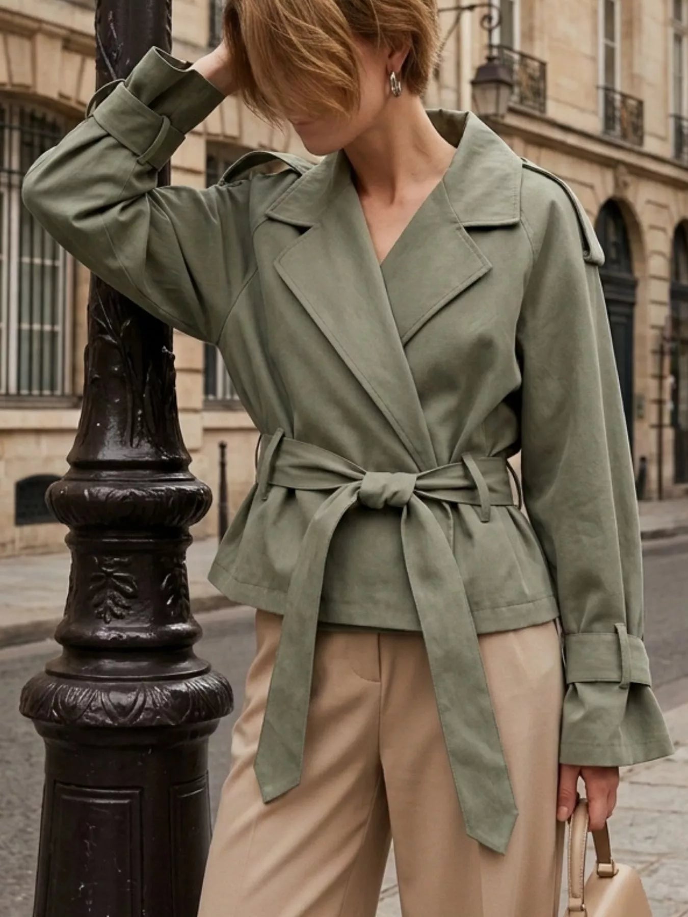 Trendsi Lapel Collar Belted Cropped Trench -