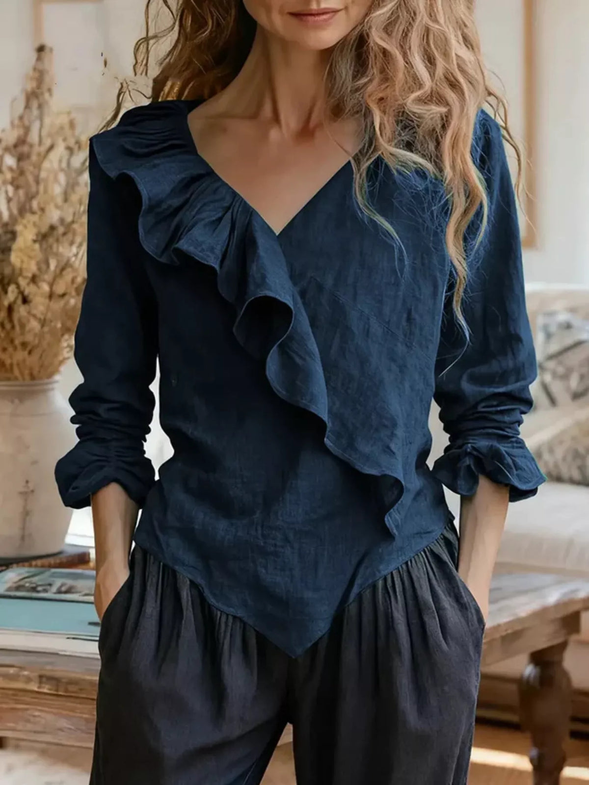 Trendsi V-Neck Ruffled Long Sleeve Blouse -