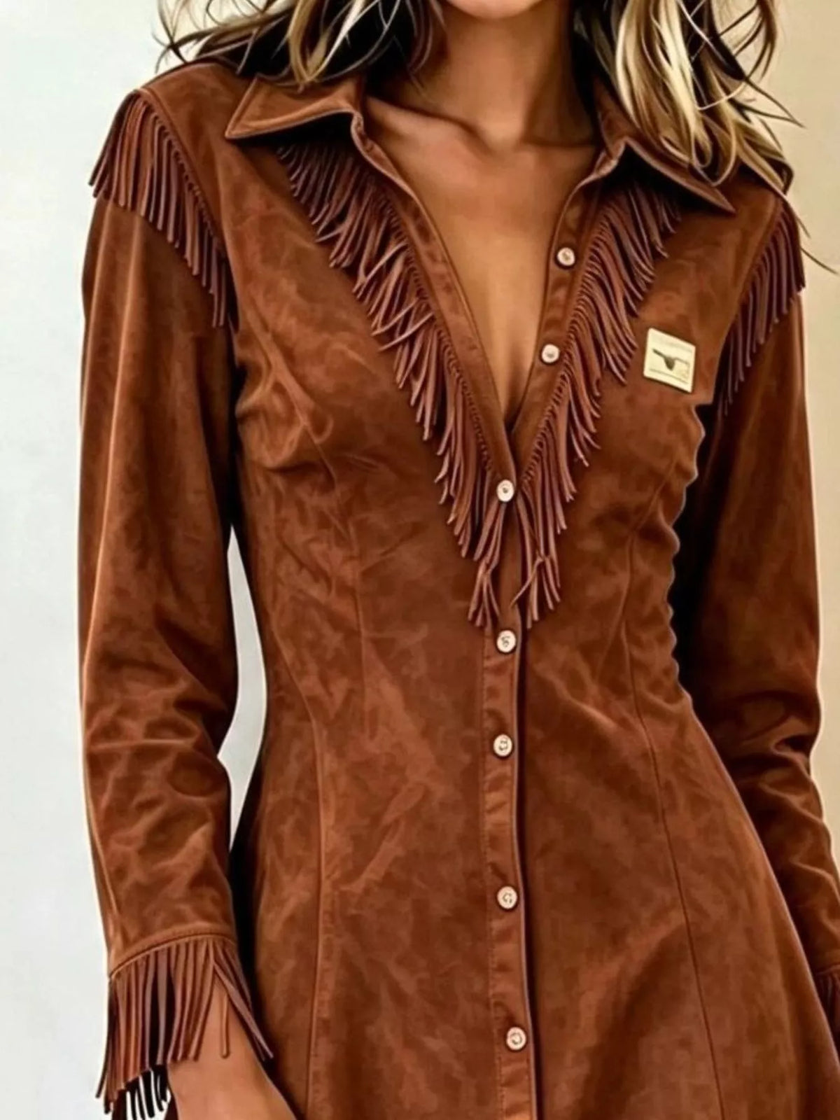 Long Fringe Button-Front Jacket in brown, fringe detail