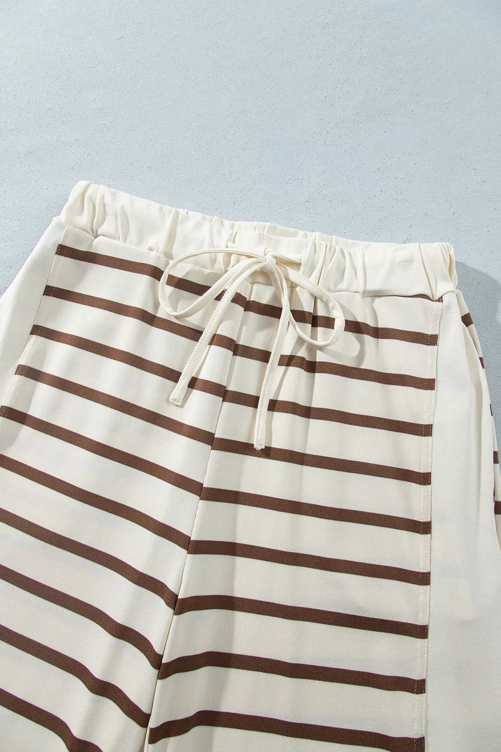 Beige striped long sleeve top and drawstring pants set