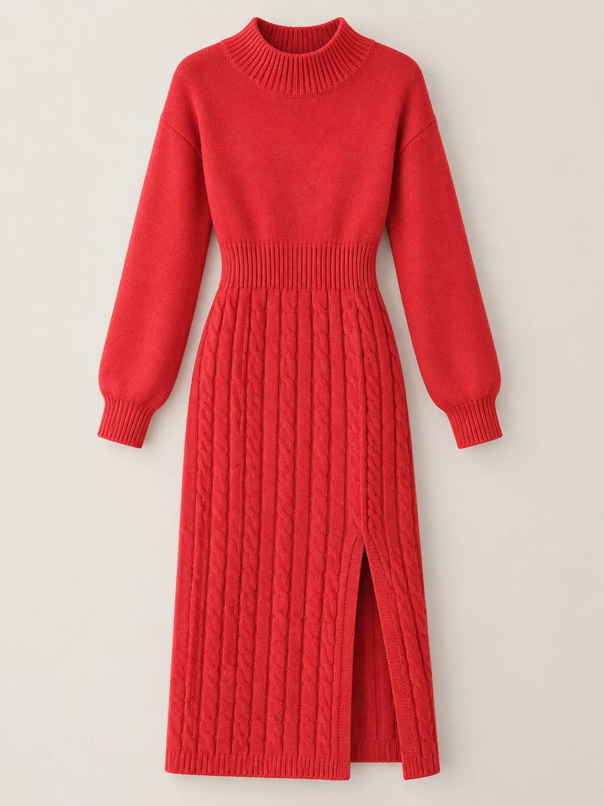 Women's Mock Neck Cable Knit Sweater Dress with Front Slit in red — flat lay view