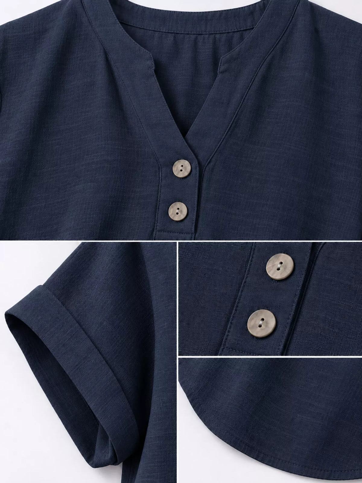 Navy button detail short sleeve blouse, detail view