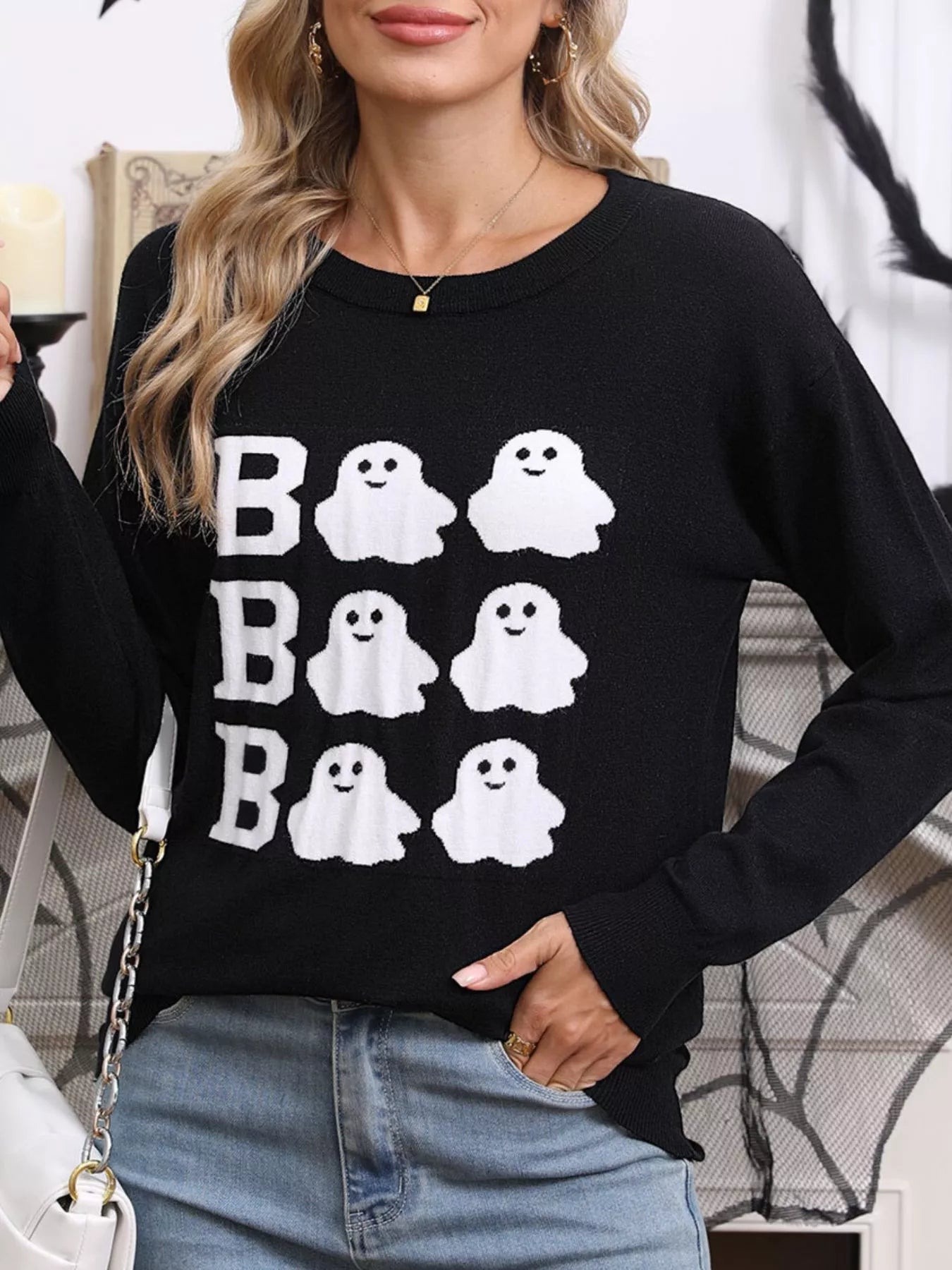 Trendsi Halloween Ghost Graphic Crew Neck Sweater -