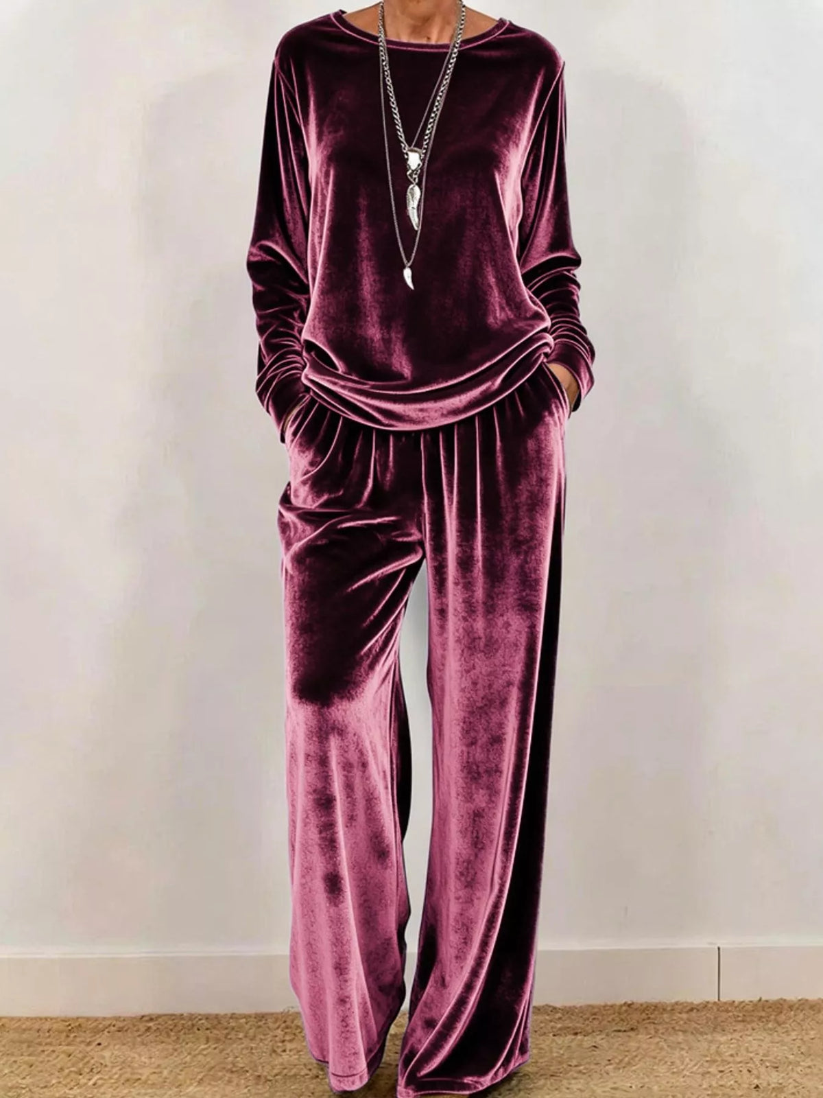 Velvet Long Sleeve Top and Wide-Leg Pants Set — front view