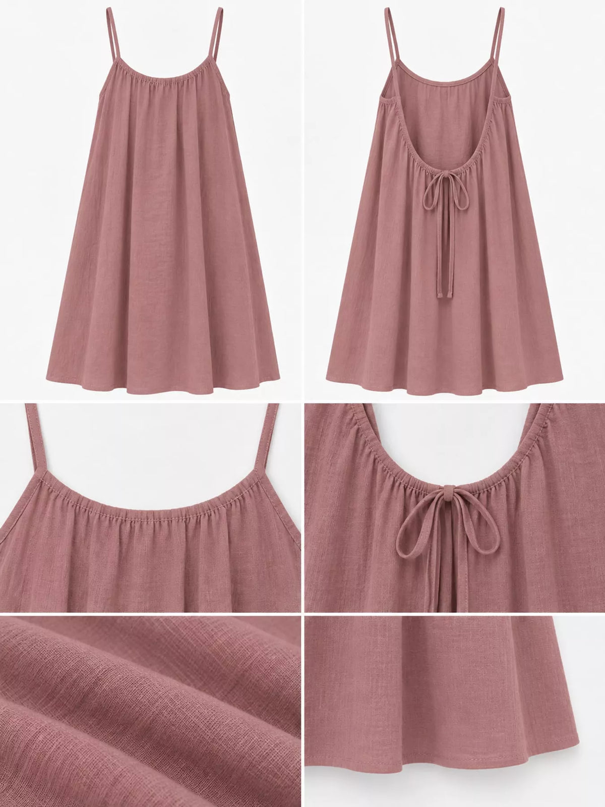 Dusty pink spaghetti strap A-line mini dress with open tie back, front, back and construction details
