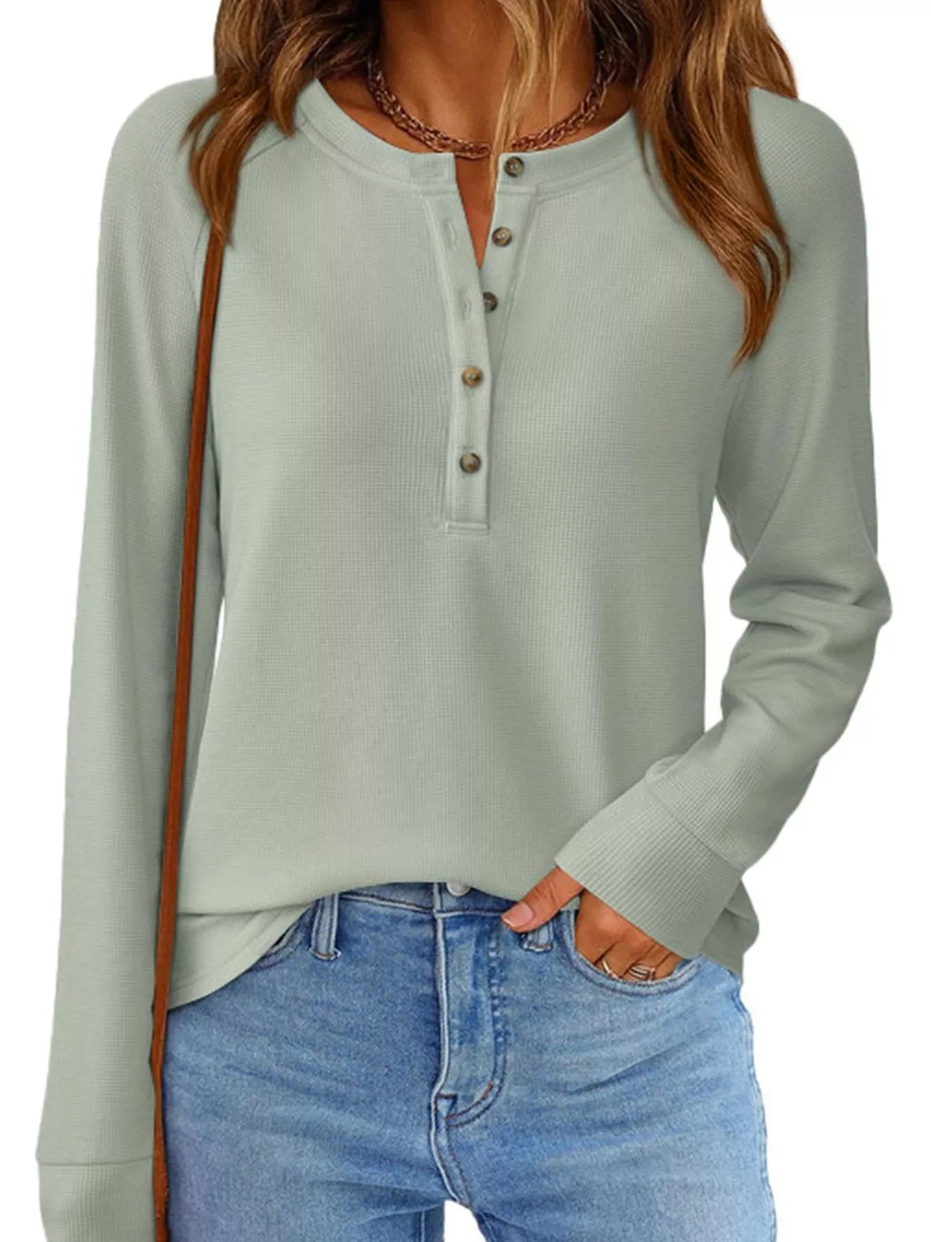 Trendsi Waffle Knit Henley Long Sleeve T-Shirt -