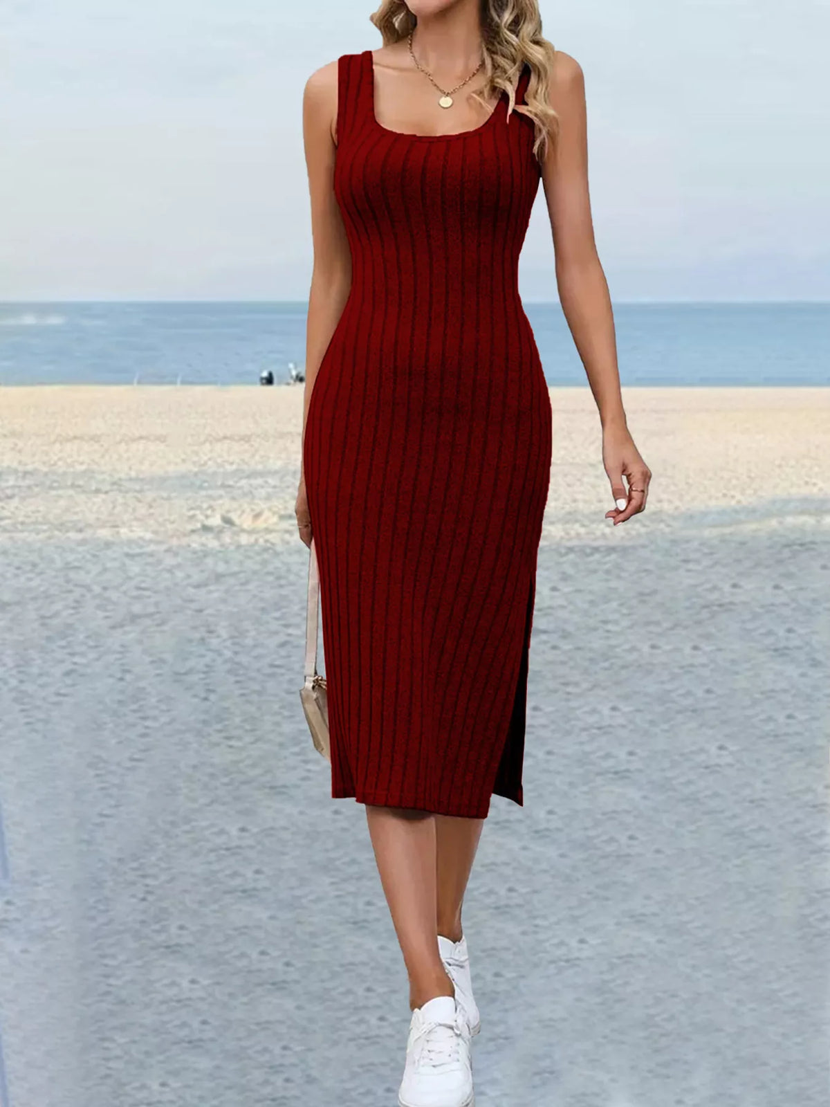 Scoop-neck slit dress, burgundy full front