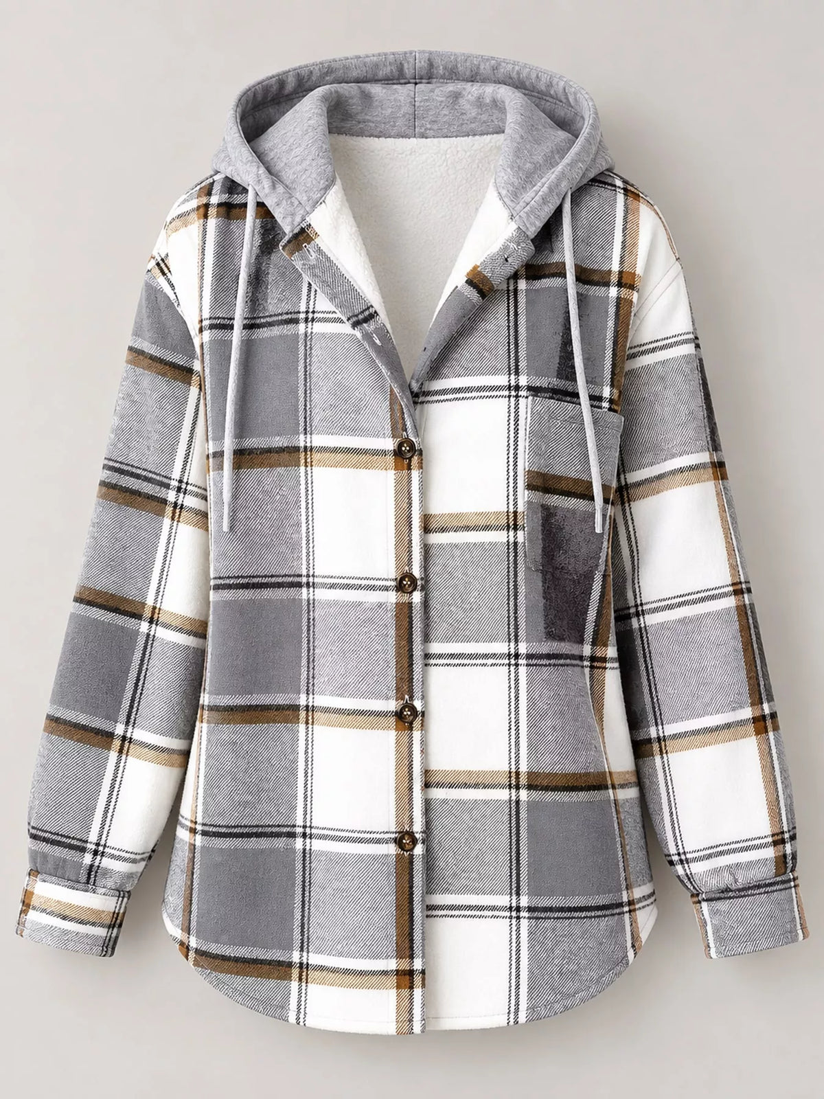 Button-Down Printed Contrast Hooded Shacket — garment front