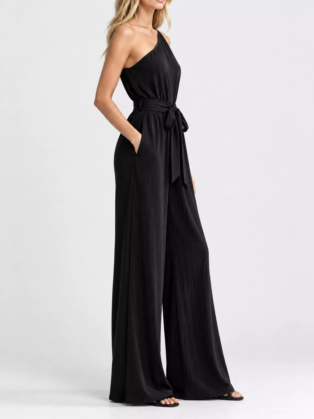 One-Shoulder Wide-Leg Jumpsuit in black, side view