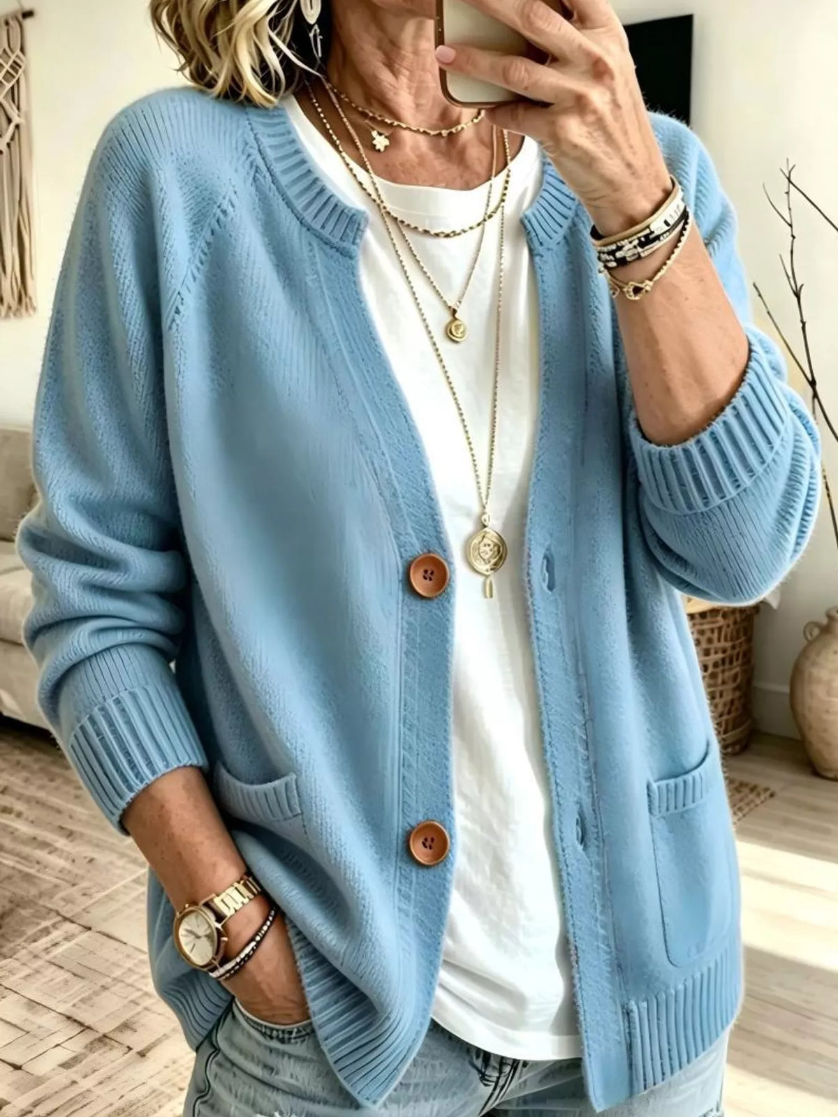 Women's Button-Down Knit Cardigan in light blue — front view