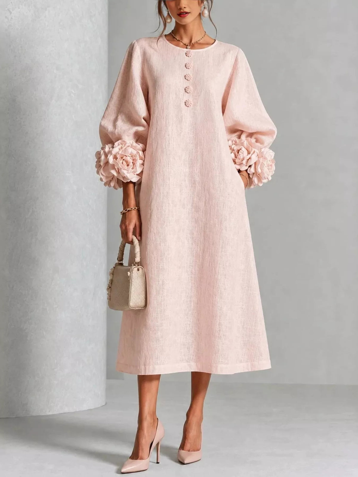 Trendsi 3D Floral Round Neck Midi Dress -