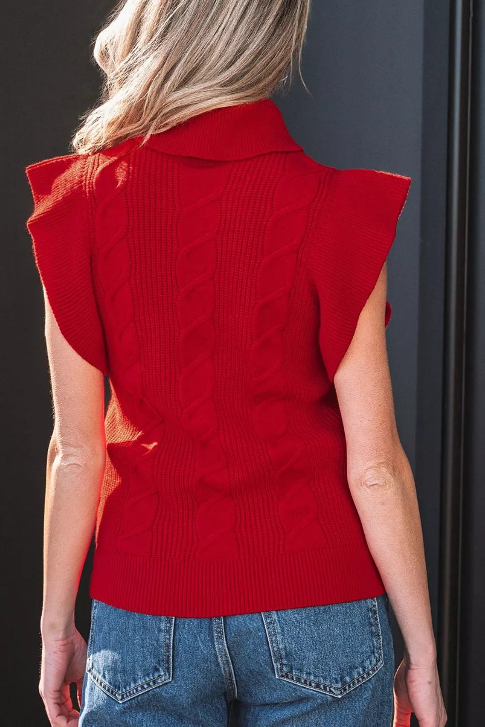Trendsi Cable Knit Turtleneck Ruffled Short Sleeve Sweater -