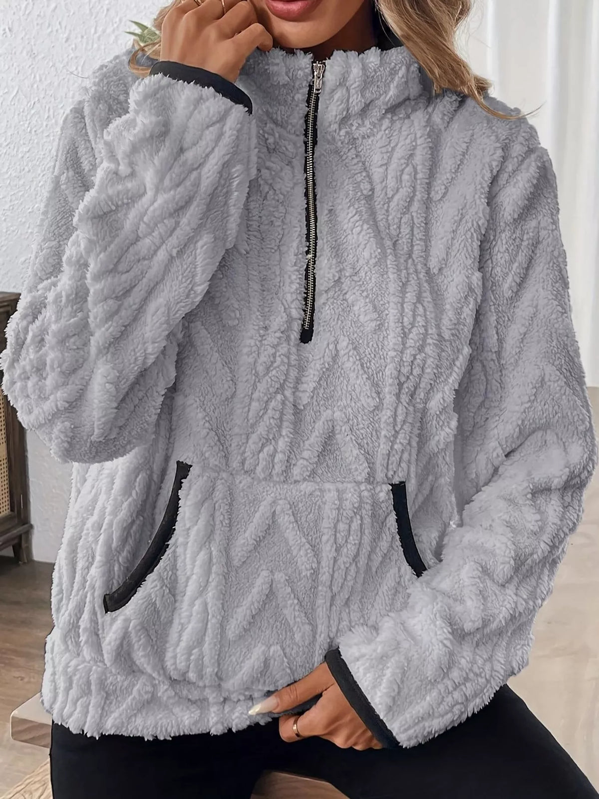 Women's Quarter-Zip Sherpa Sweatshirt in gray — front view
