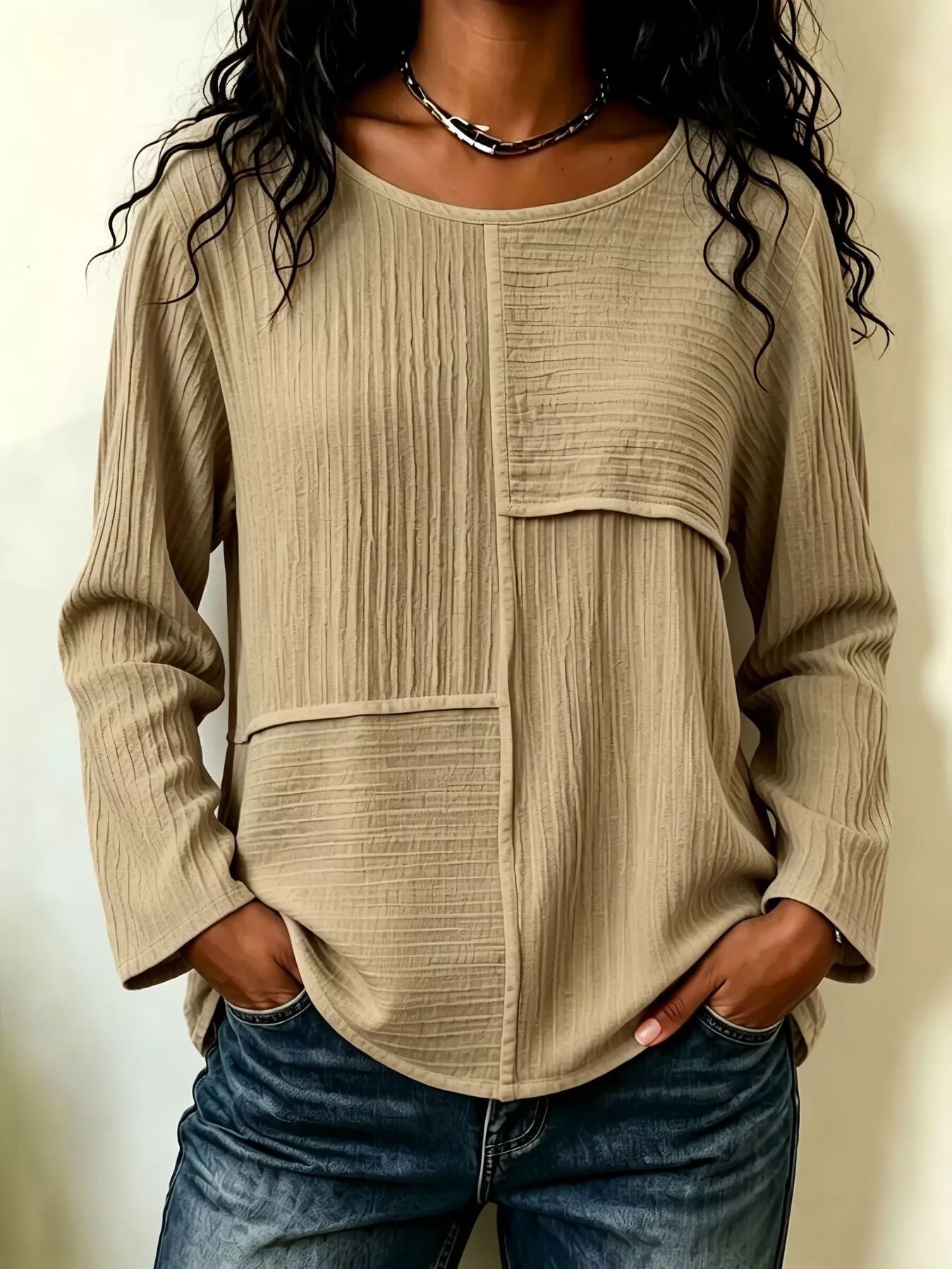Trendsi Textured Patchwork Long Sleeve Casual T-Shirt -