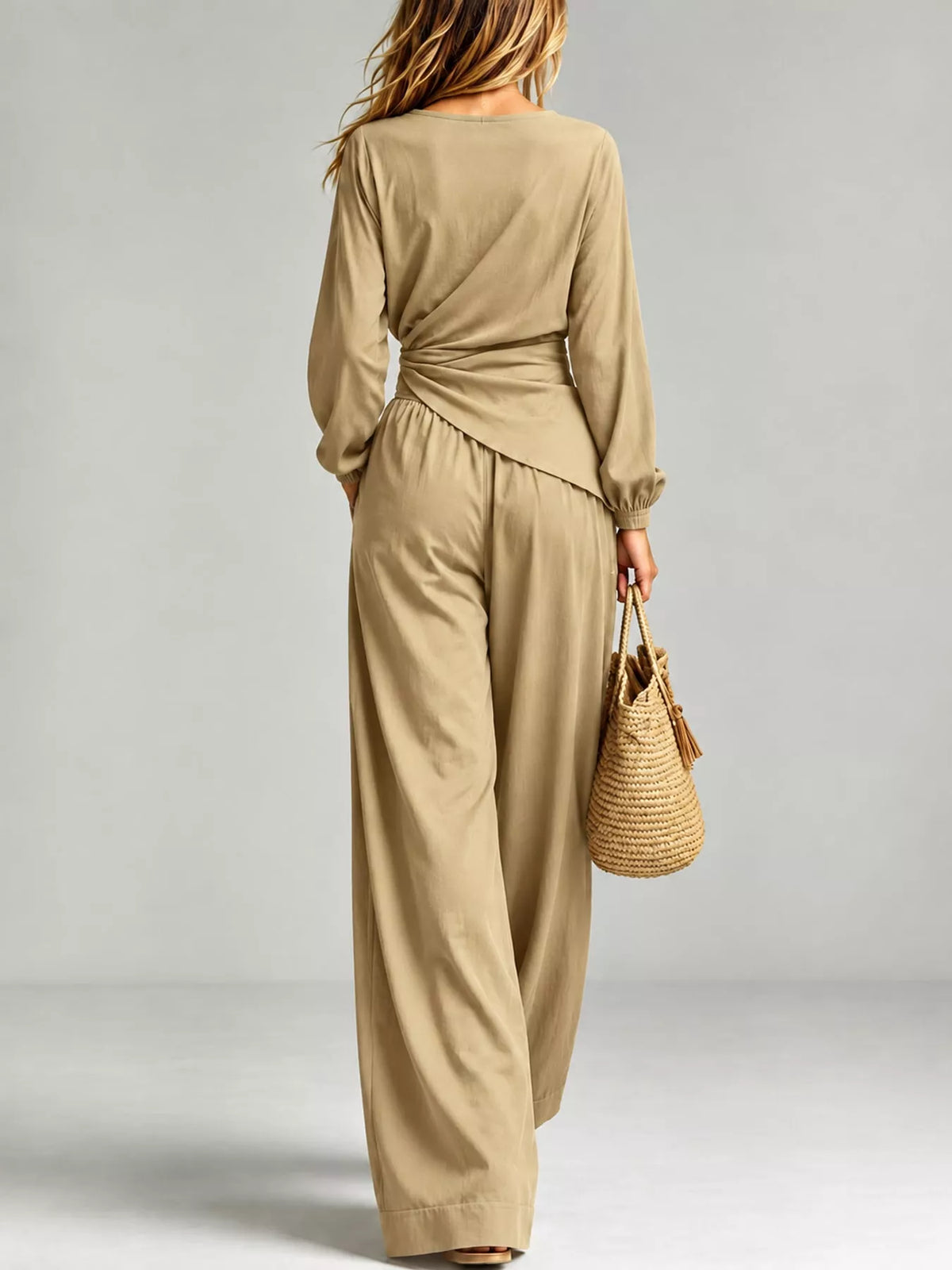 V-Neck Long Sleeve Top and Wide-Leg Pants Set — back view