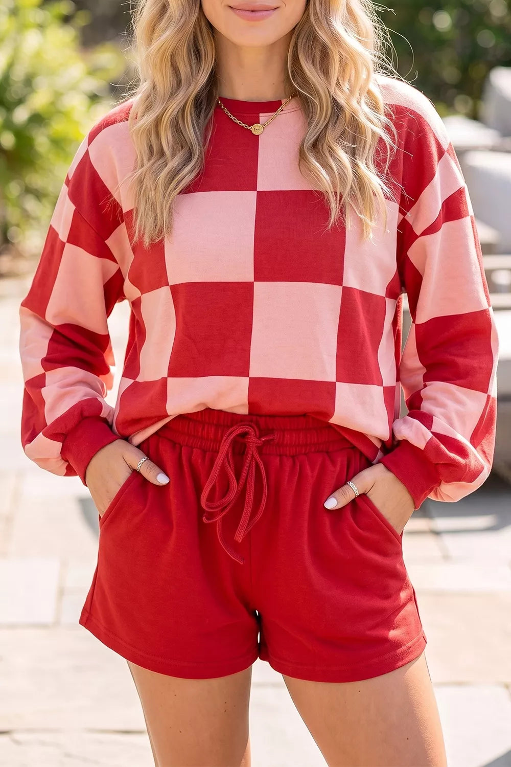 Trendsi Checkerboard Top and Drawstring Shorts Cozy Set -