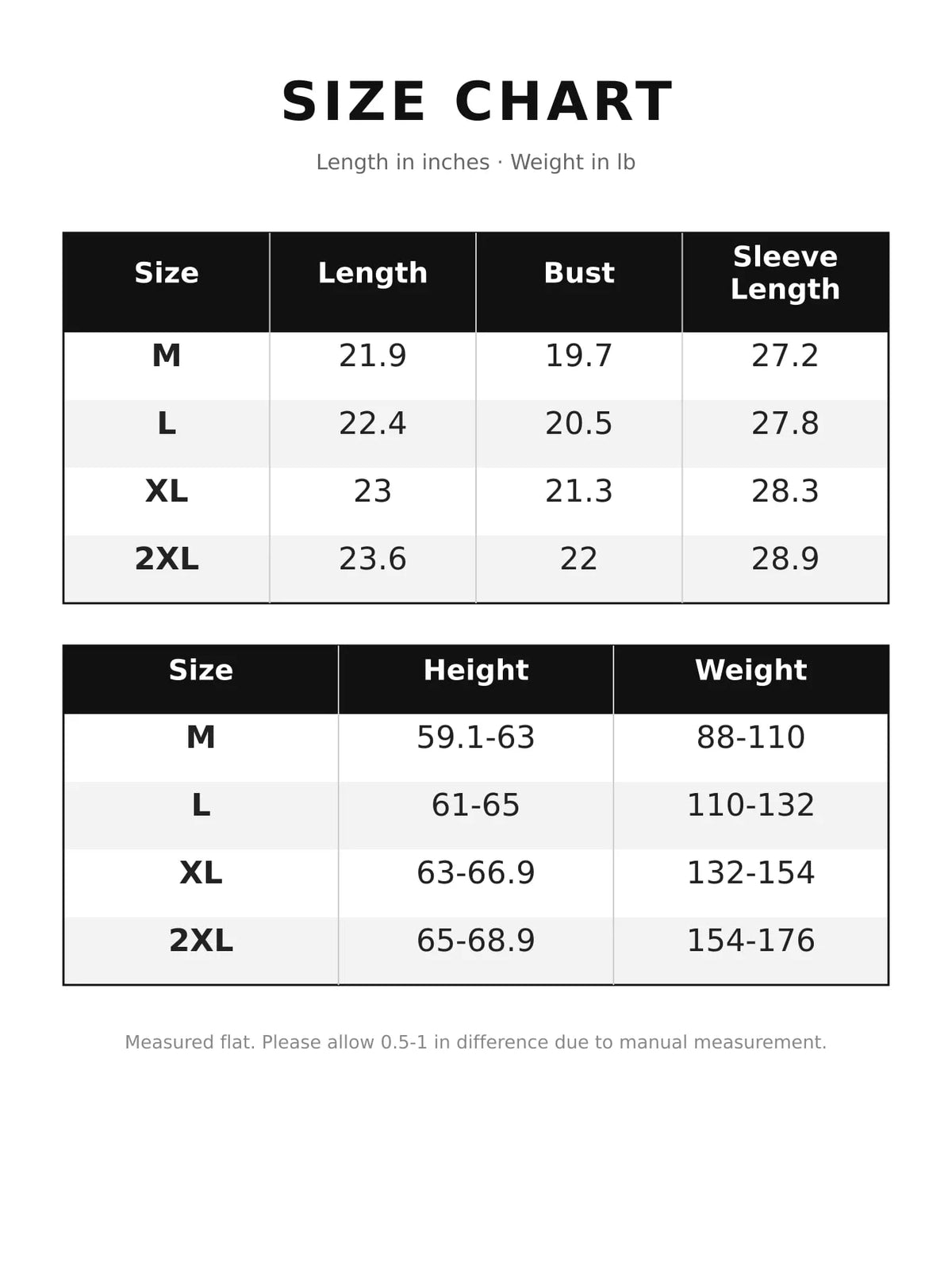 Size chart for full-zip long sleeve hoodie with pockets